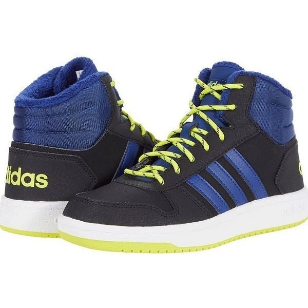 Adidas Hoops 2.0 K #GZ7797 Sneaker Nwt Black Blue Strip Neon Yellow