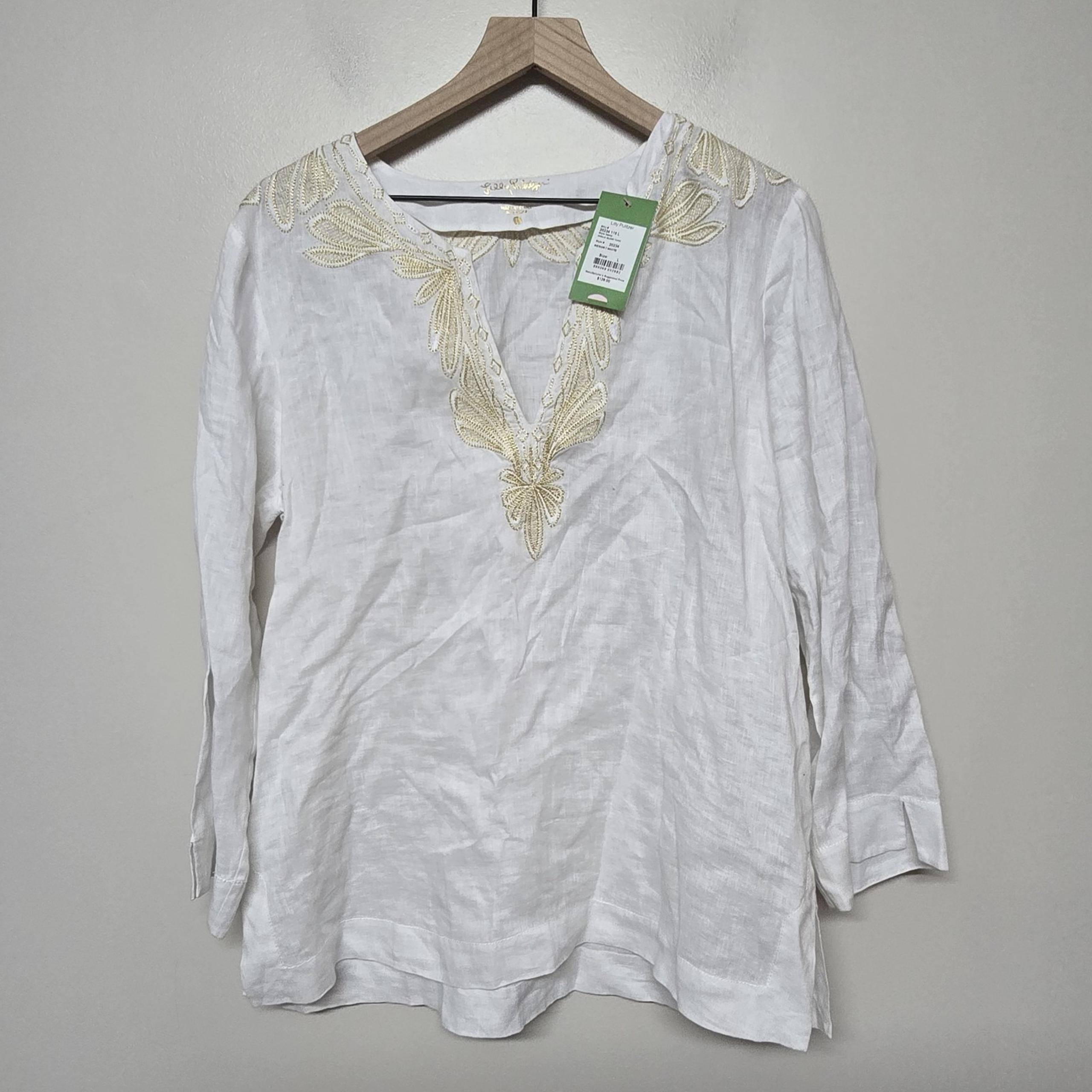 Lilly Pulitzer White Amelia Island Tunic Blouse 100% Linen Women's Size L Resort
