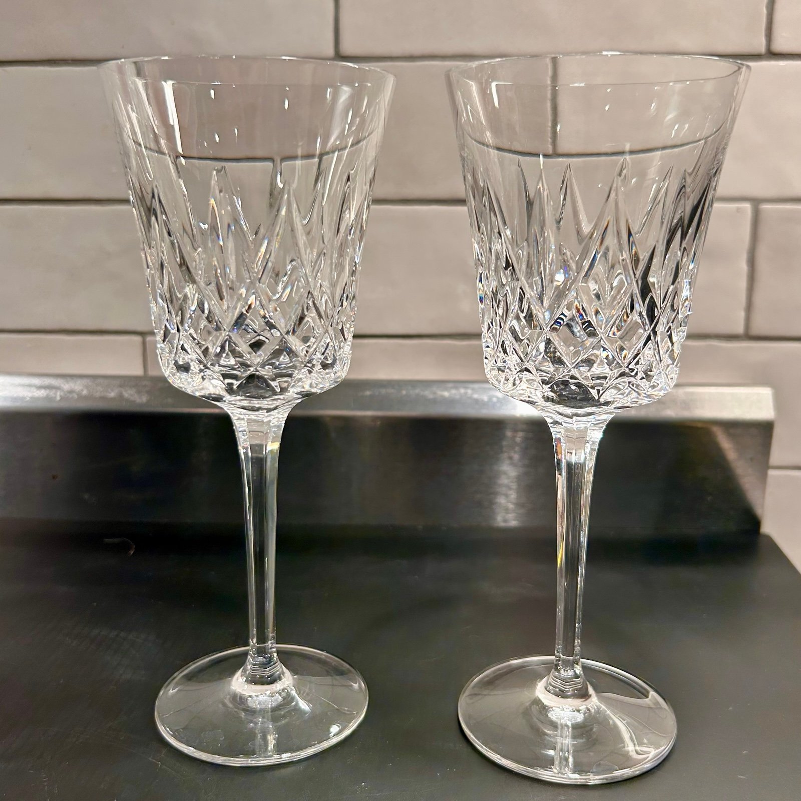 Pair Noritake D’Orsay Crystal 8”T Wine Glasses~Diamond Cut Bowl & Cut Stem 80s