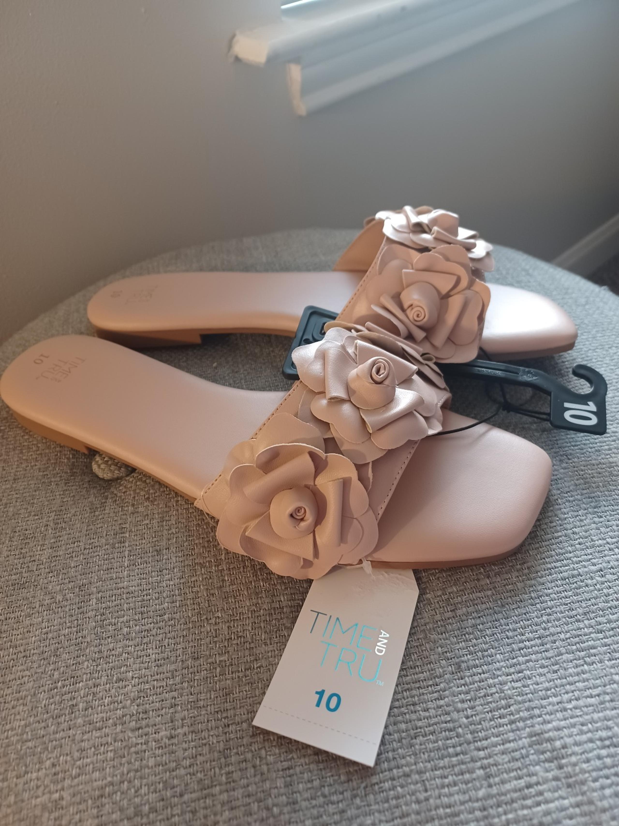 NEW Time And Tru Beige/pink Flower Flat Sandals Sz 10