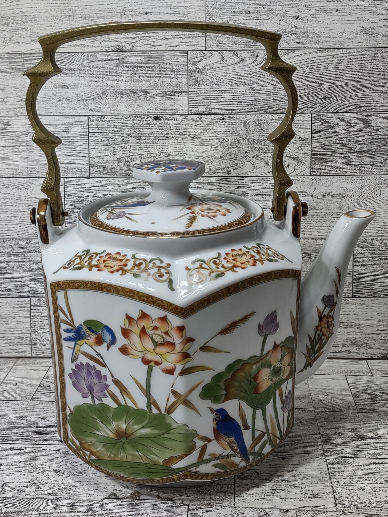 Vintage Toyo Ming Tea Pot Japan Lotus Birds Brass Handle Porcelain Hexagon