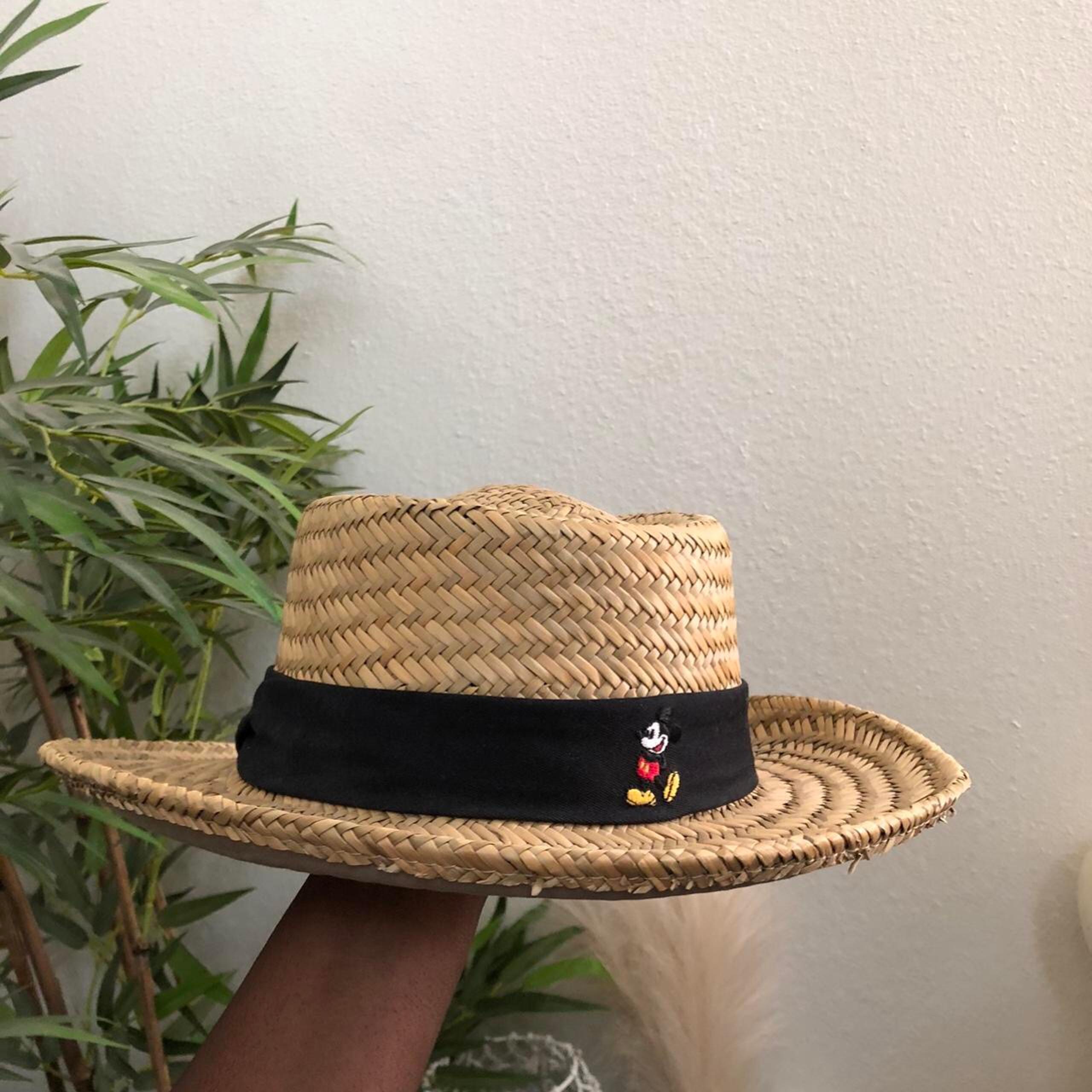 Disney Natural Straw Woven Mickey Mouse Golf Tan Sun Fedora Cowboy Hat Cap Black