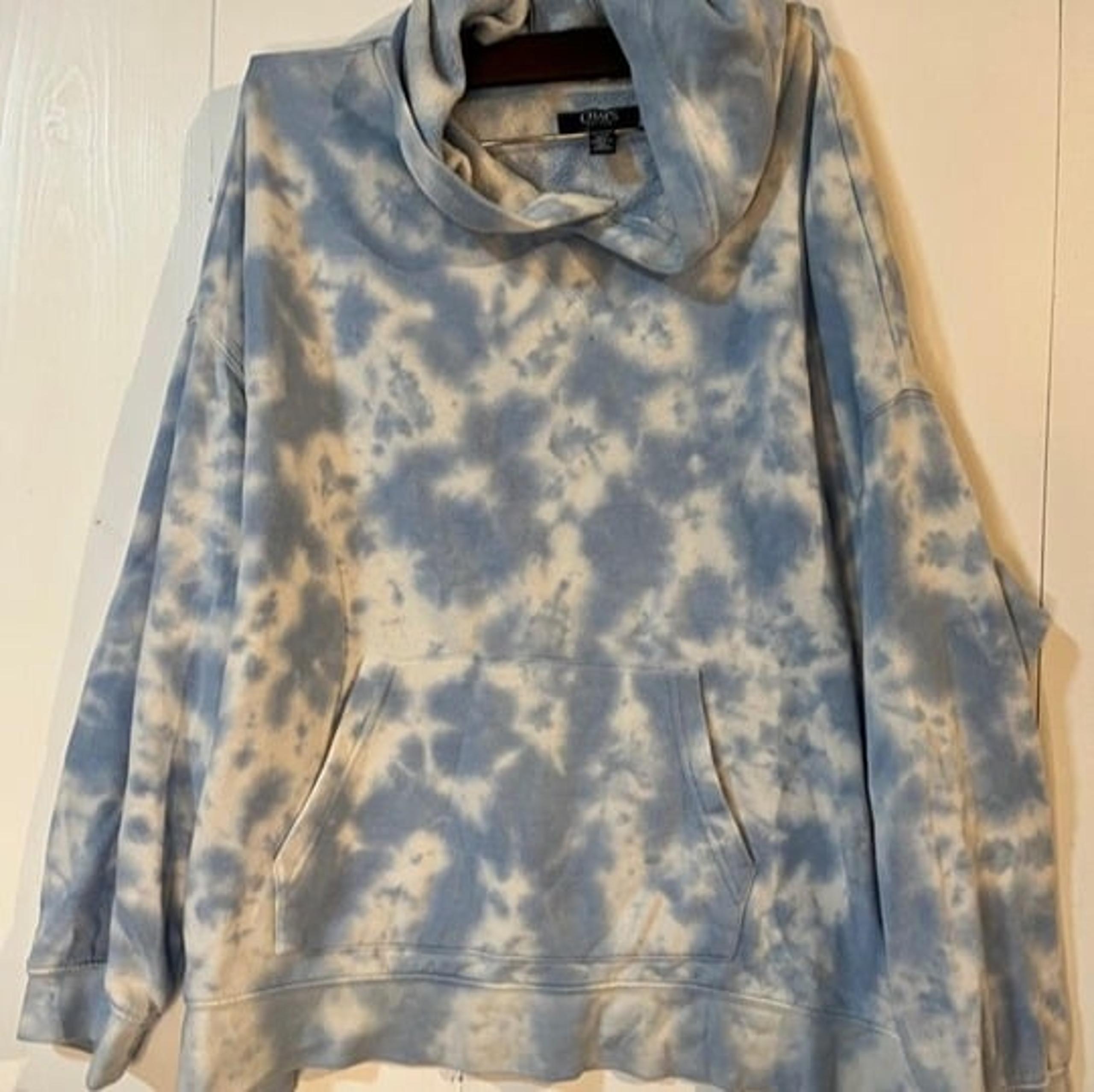 Chaps Women’s Blue Tie-Dye Pullover Hoodie 2X Cozy Fleece Kangaroo Pocket