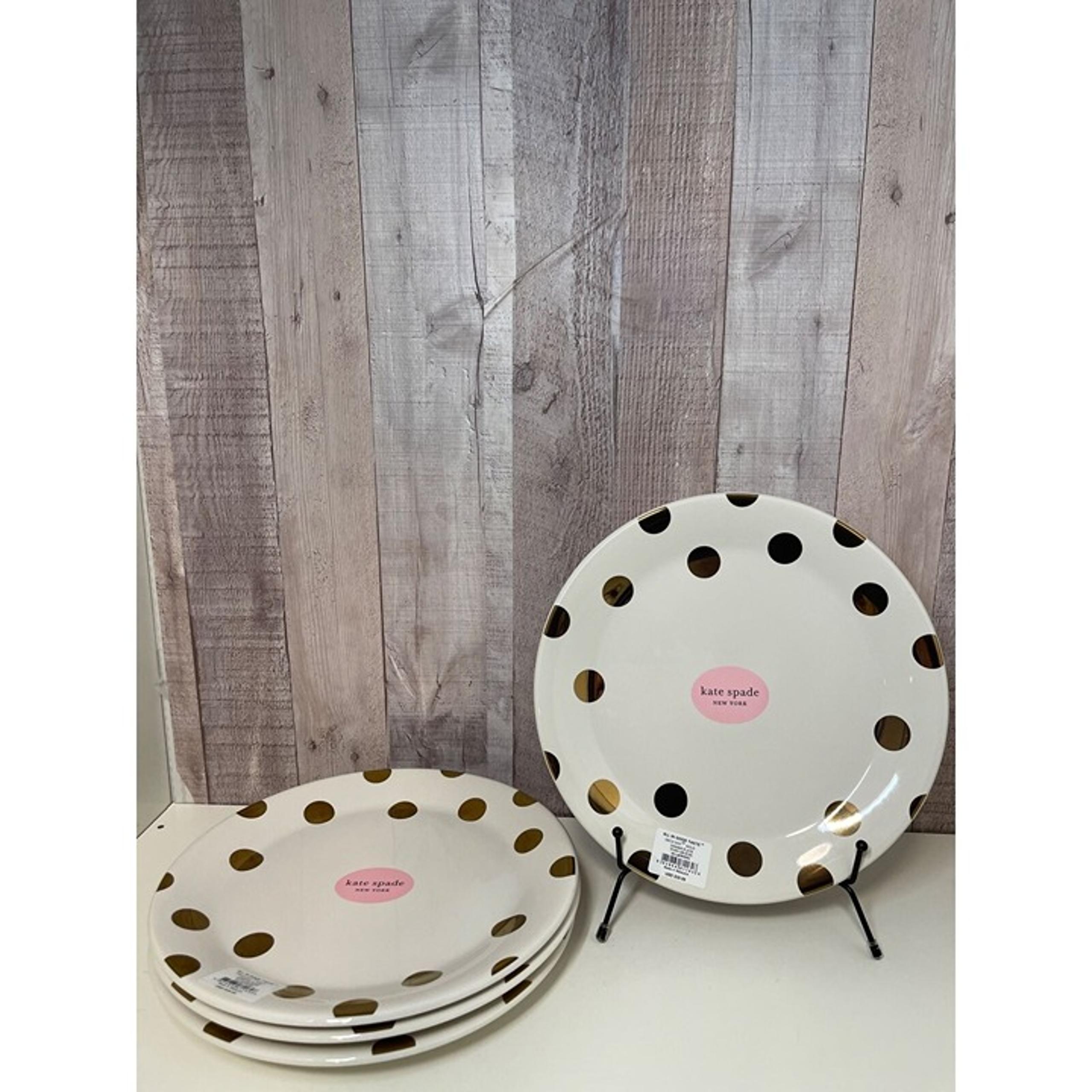 Kate Spade Plates "ALL IN GOOD TASTE" Polka Dot Gold & White 4Pc. NEW!