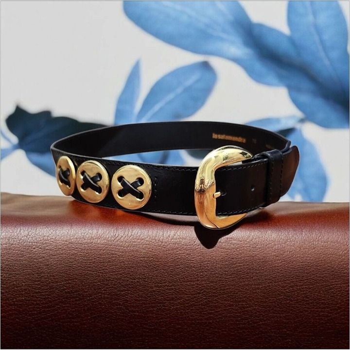 La Salamandra vintage leather black gold belt Women's • Length 32''