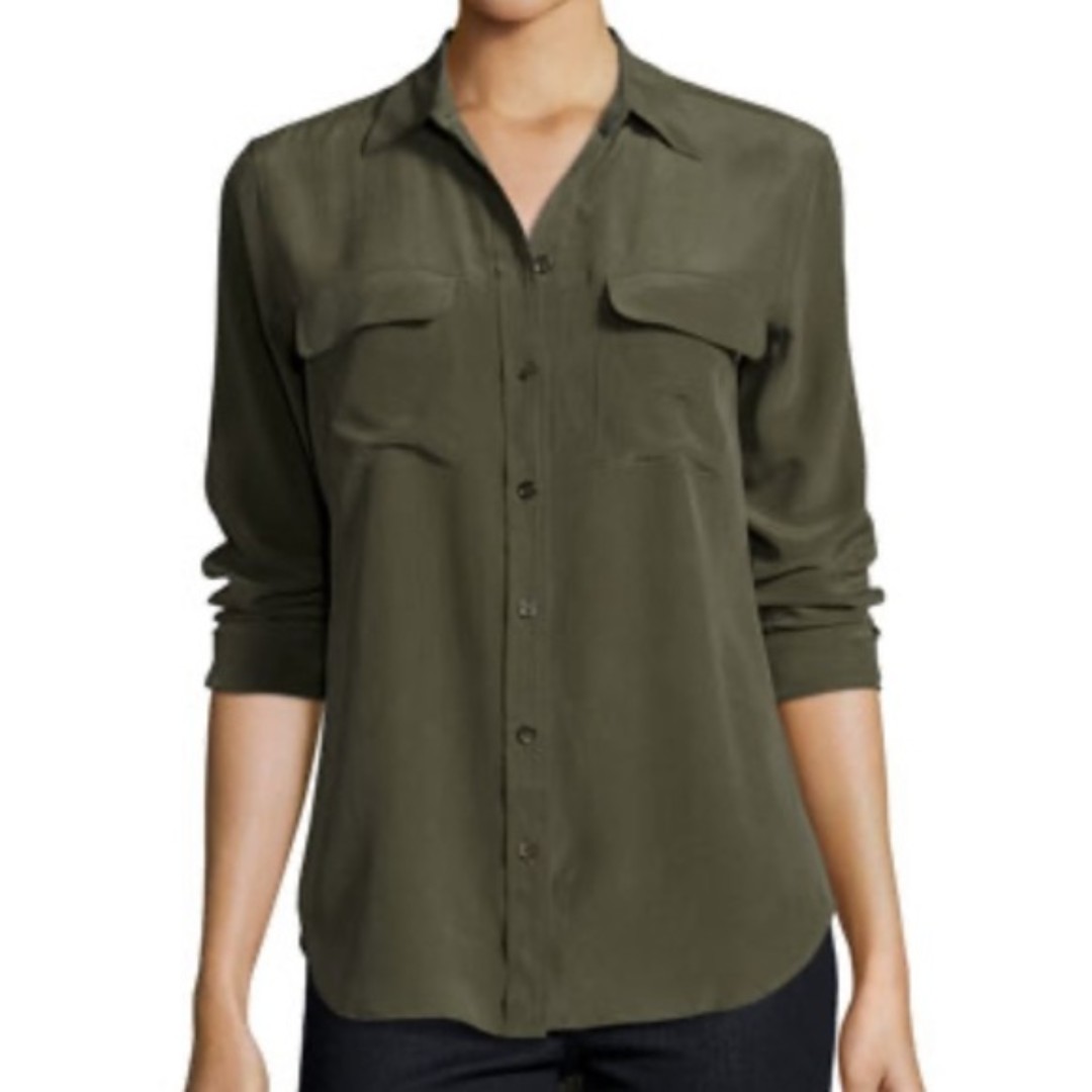 Equipment Green Signature Long-Sleeve Silk Shirt, Onyx Lacquer