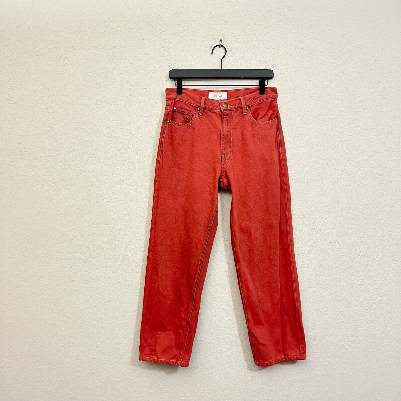 THE GREAT The Billy Jeans Red Denim Cropped Straight Relaxed Cotton