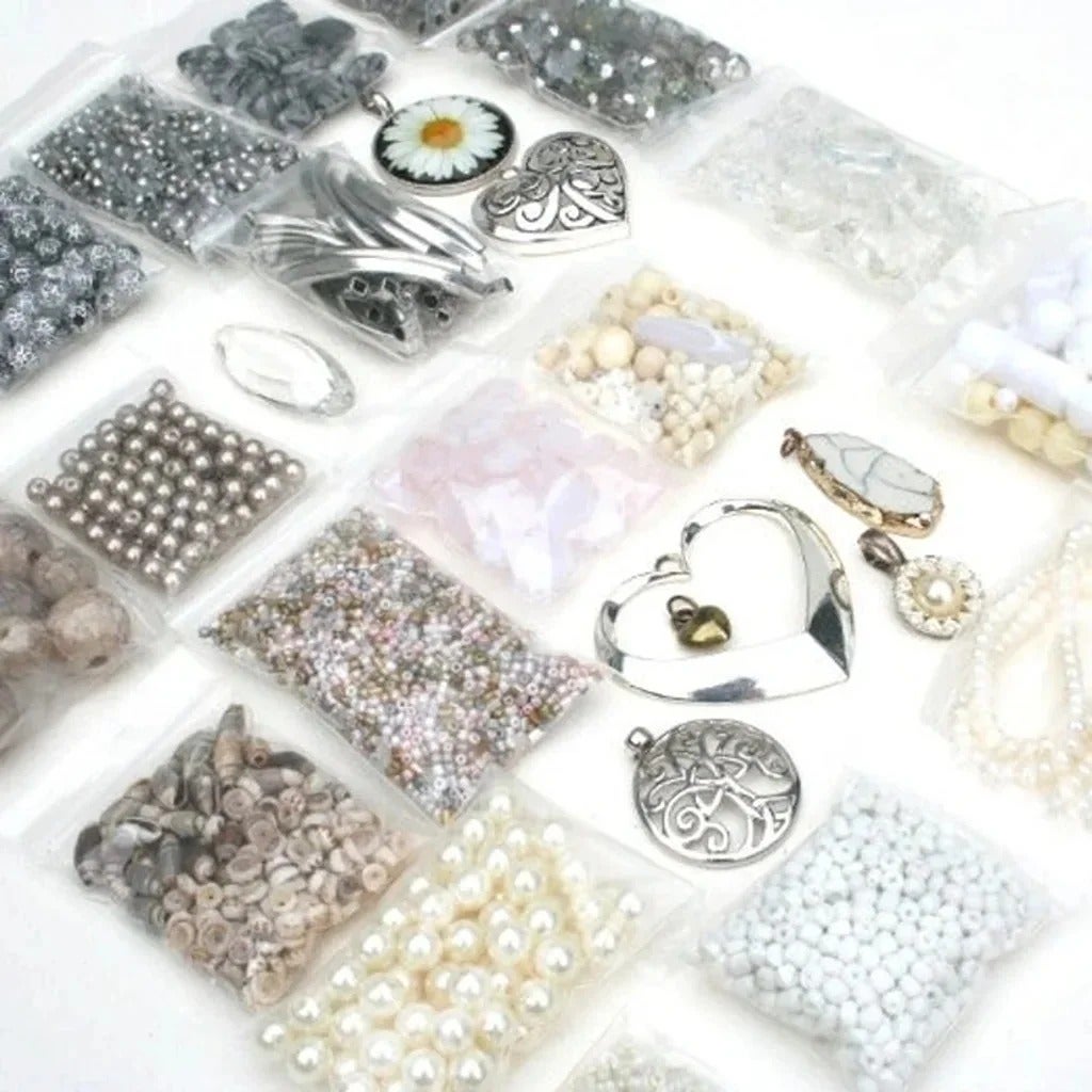 35 Jewelry supply bundle bead lot findings grey silver tone white pink AB beads