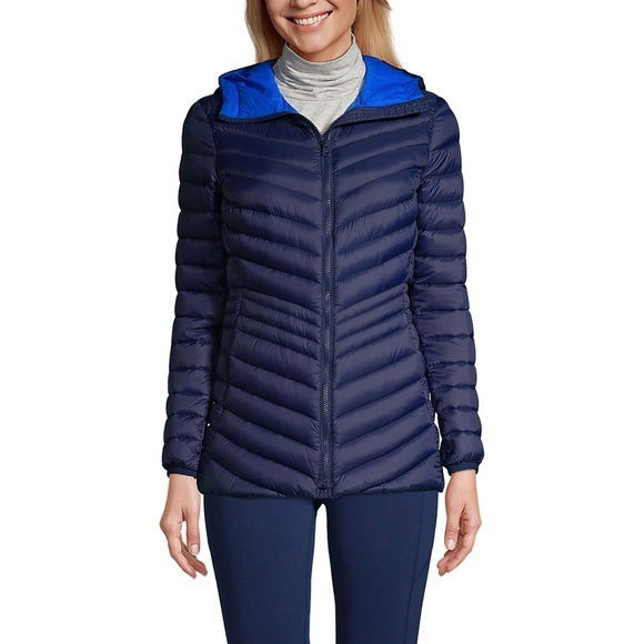 Lands’ End Women's Wanderweight Packable Down Hooded Long Jacket Size Large
