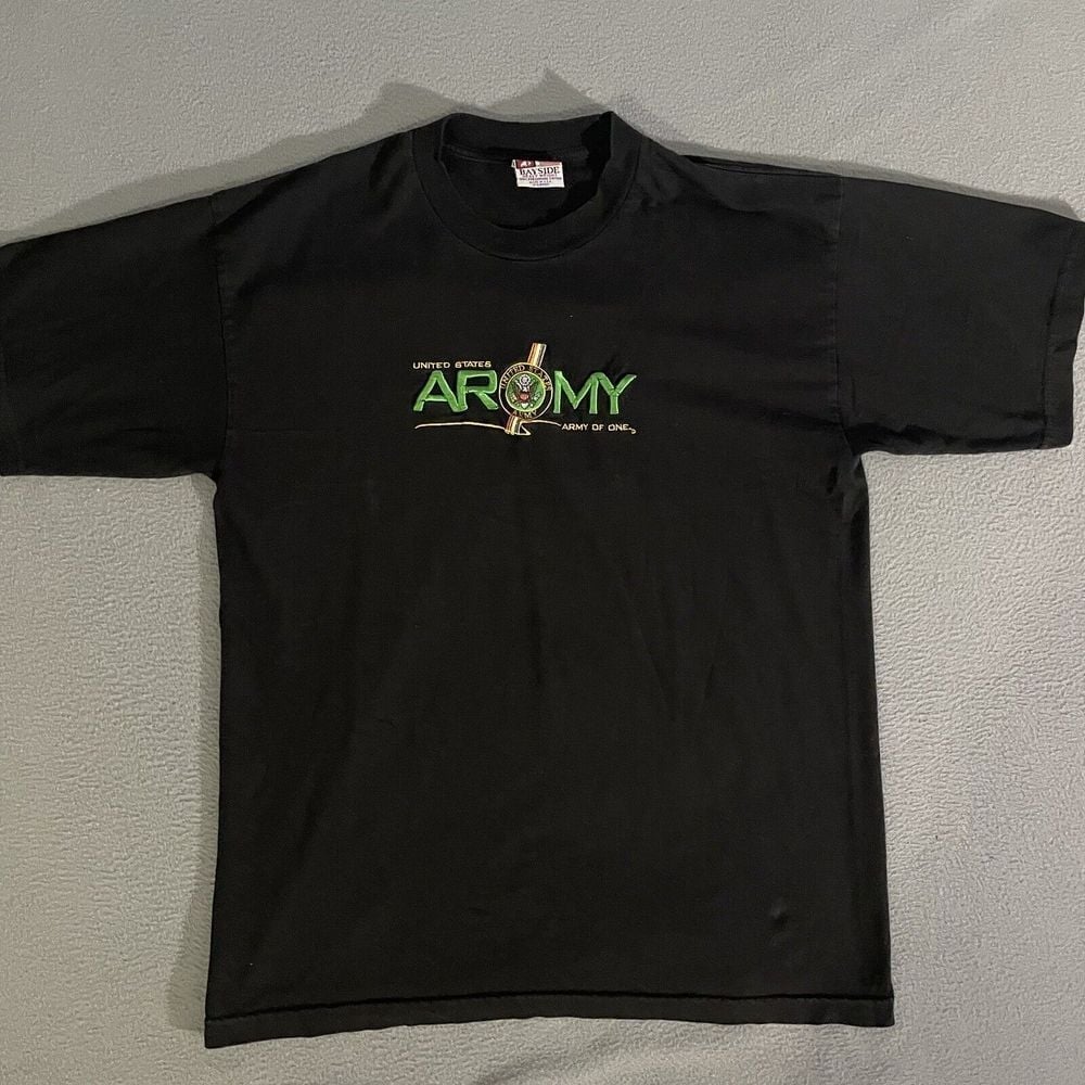 Vintage Stitched Embroidered T Shirt XL 90s USA Made Army Military Black Tee Y2K