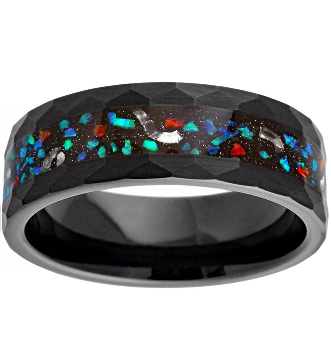 Men's black tungsten wedding band ring opal inlay 8mm comfort fit