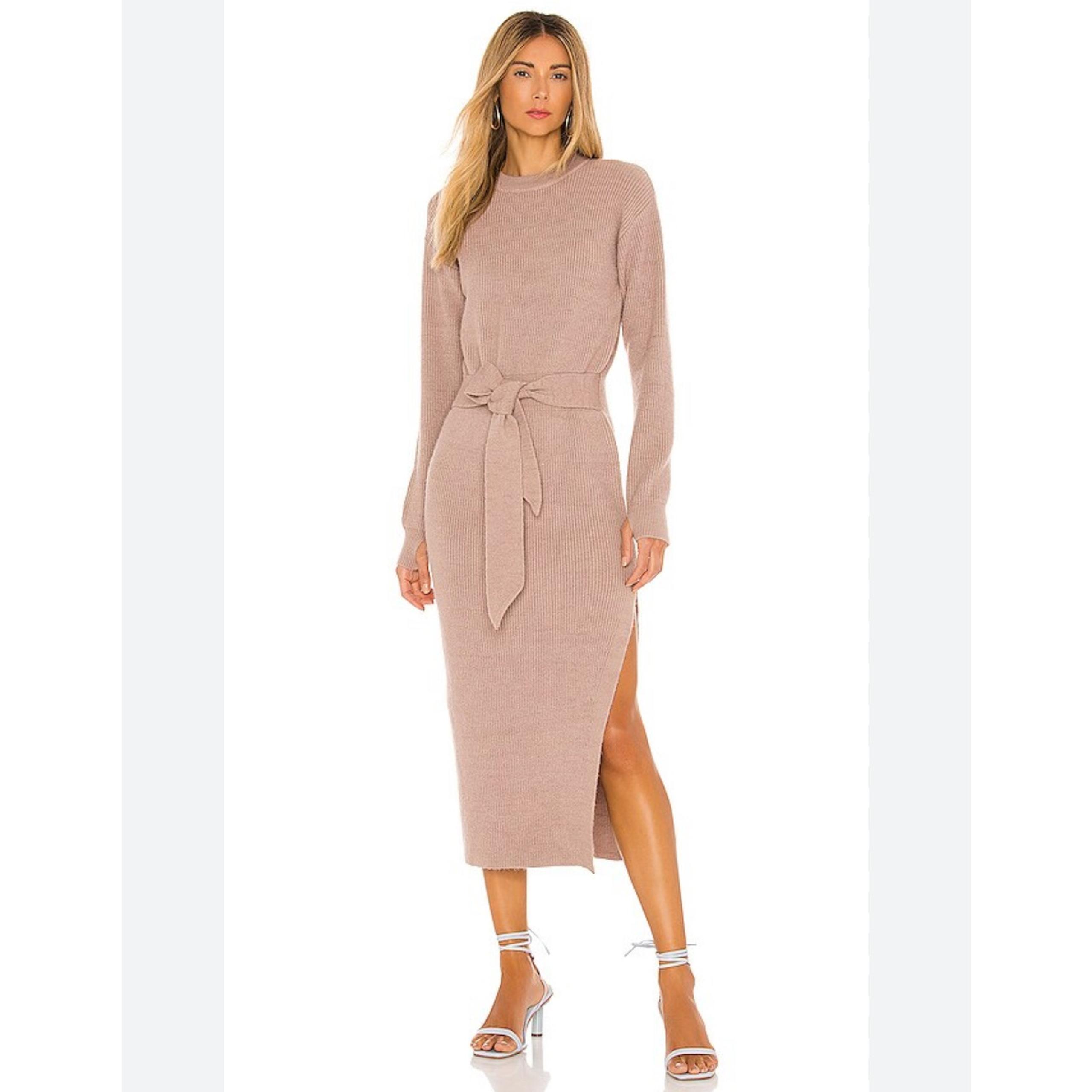 LPA REVOLVE Womens Long Sleeve Ribbed Side Slit Basic Midi Dress Size M Nude