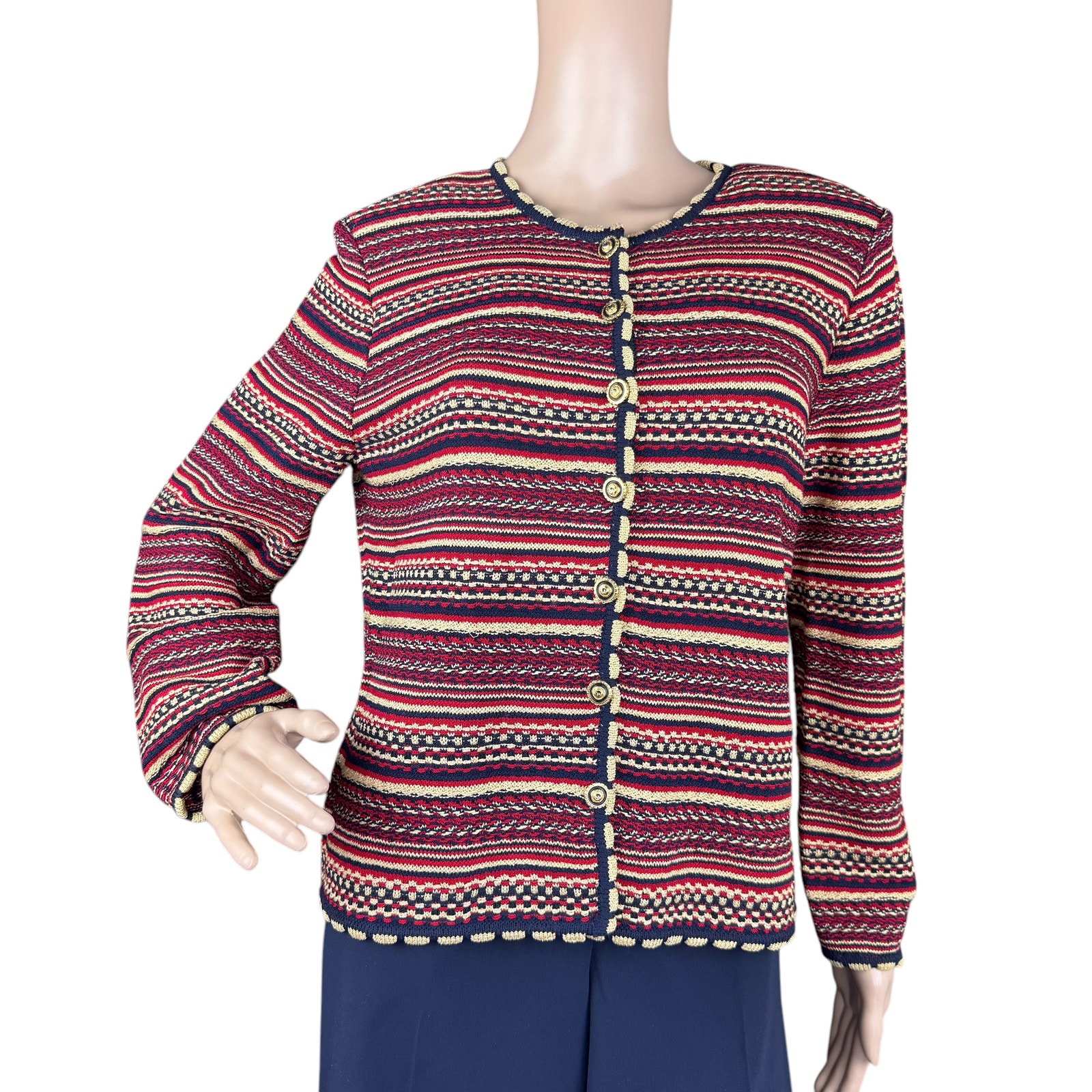 St. John Collection by Marie Gray Navy Red Striped Knit Button Front Cardigan M