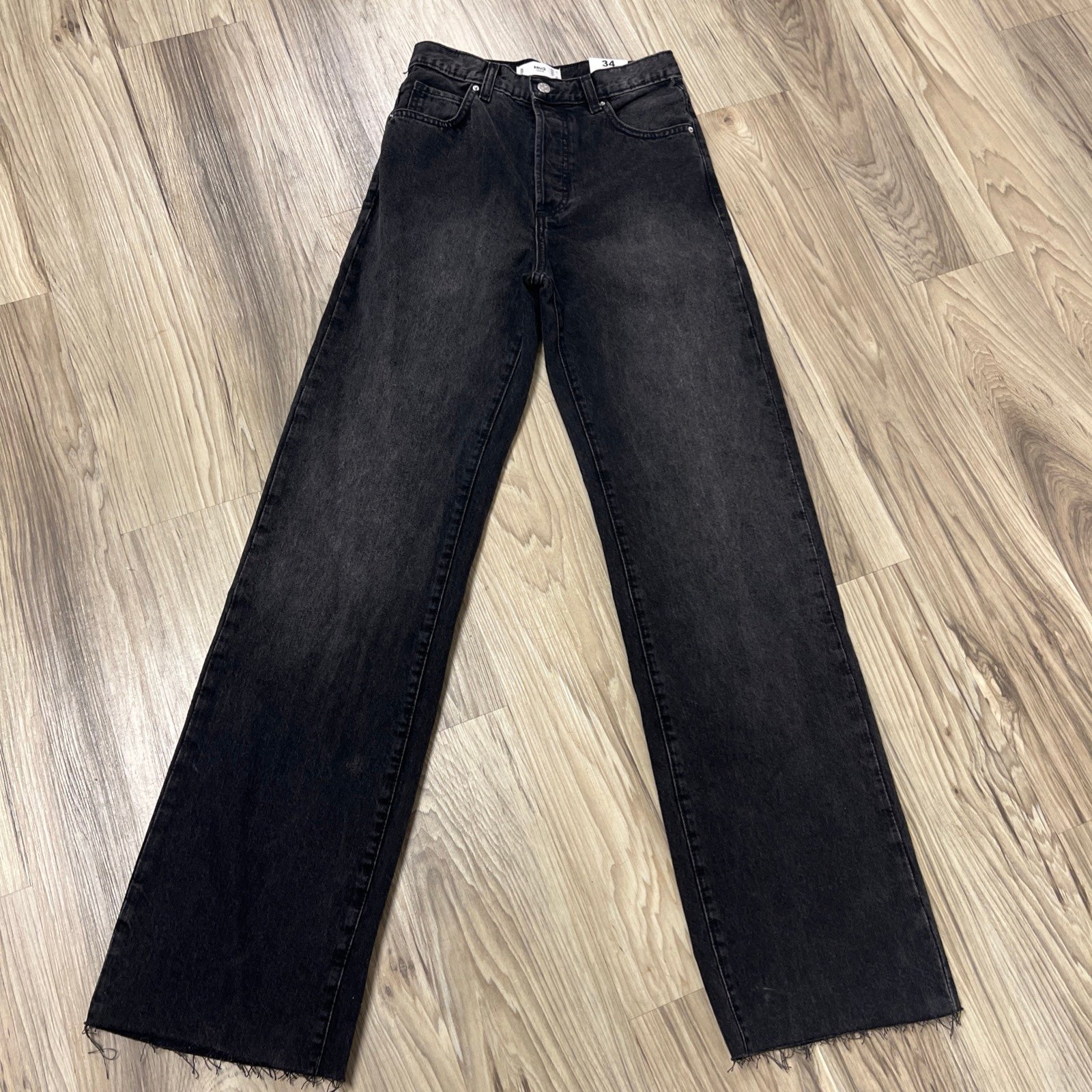 MNG Black Nora High Rise Raw Hem Casual Stretch Wide Leg Ankle Jeans Women’s 2