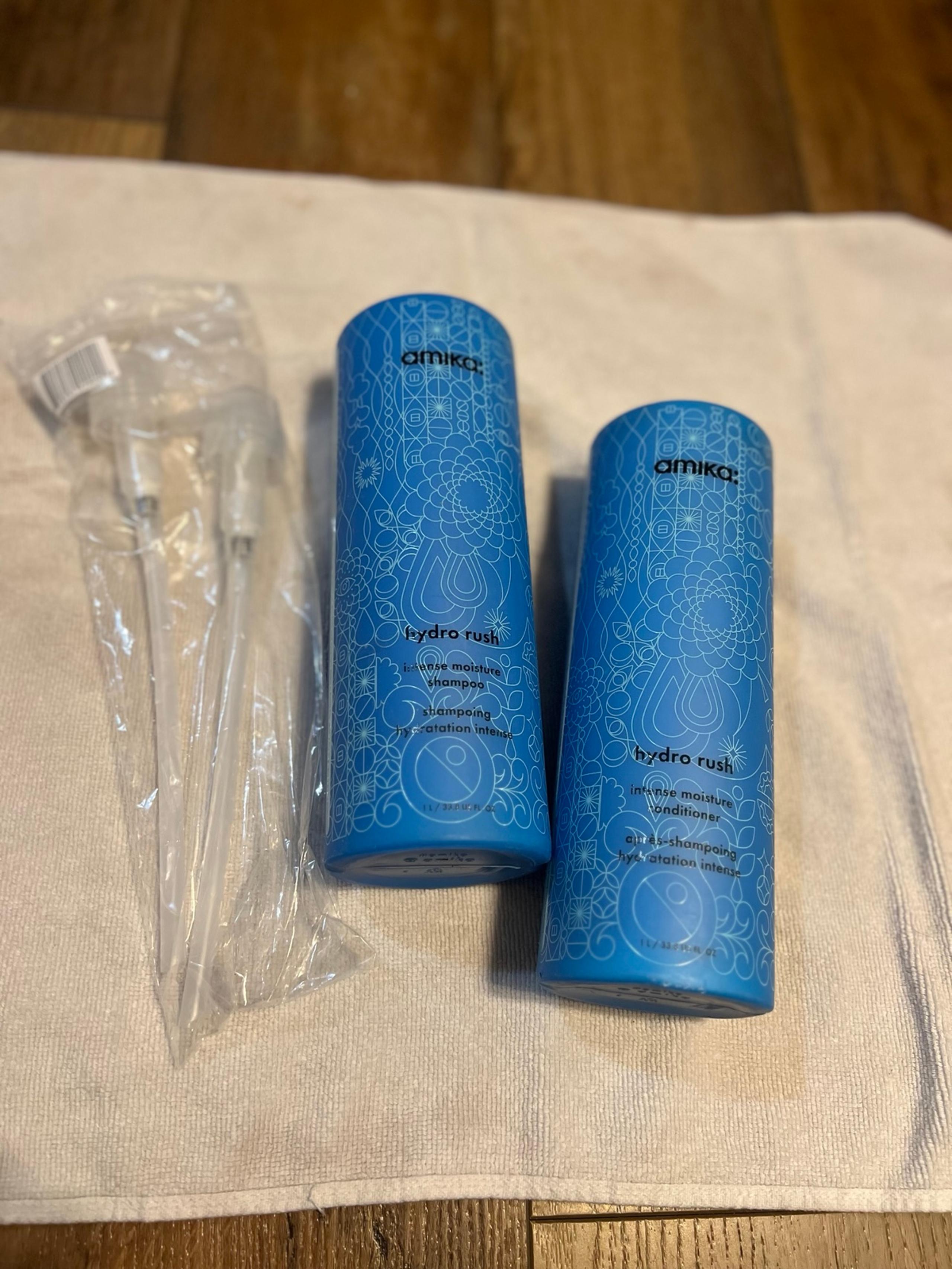 Amika hydrorush shampoo and conditioner liter set with pumps
