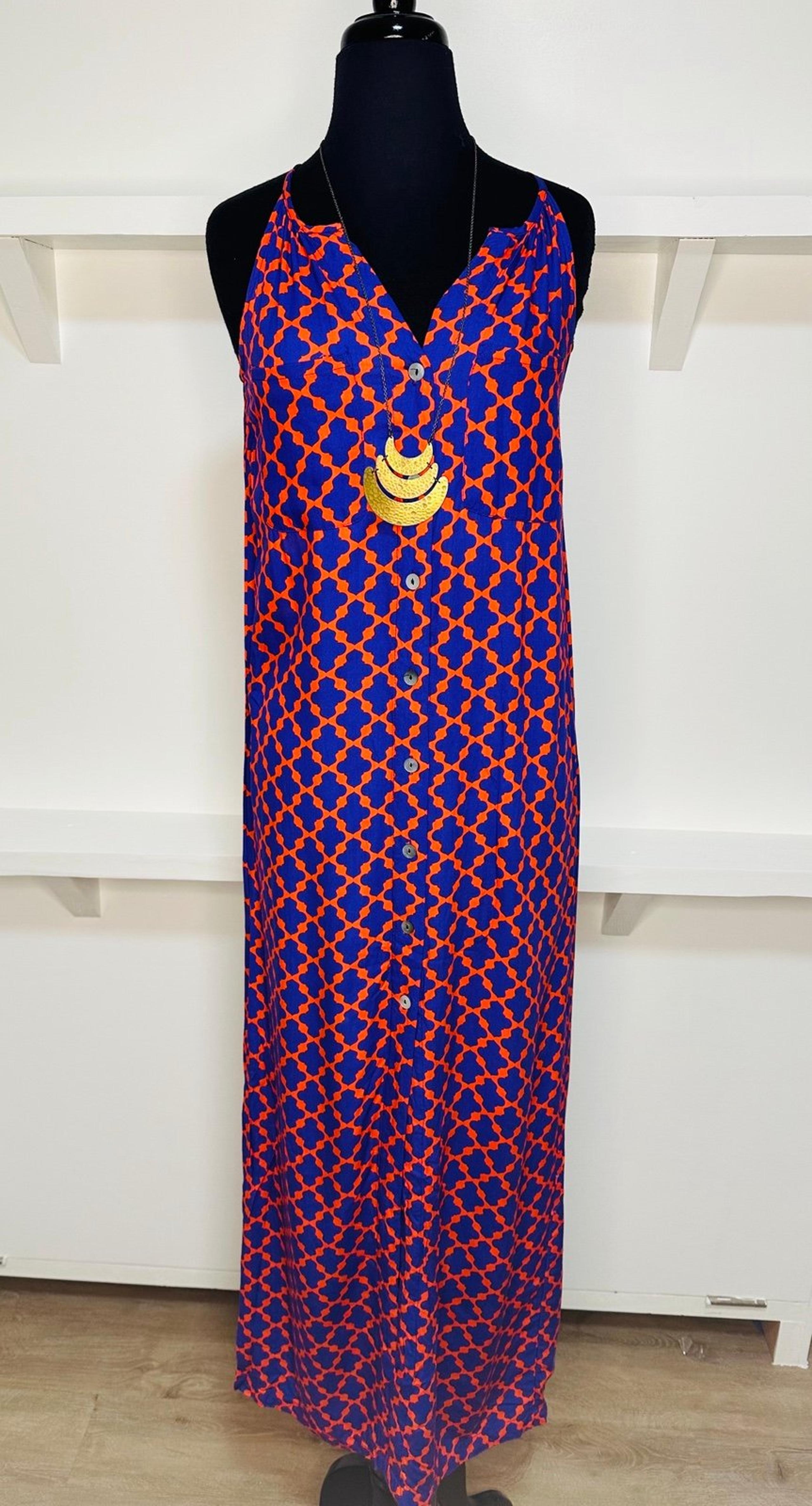 Escapada Geometric Print Purple Red Sleeveless Maxi Dress Size XS Y2K Button Up