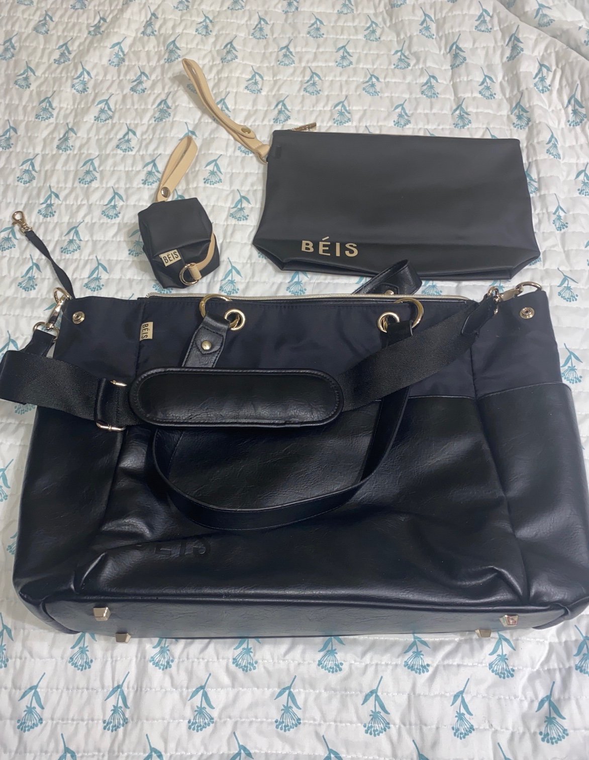 BRAND NEW BÉIS Diaper Bag in Black with gold hardware