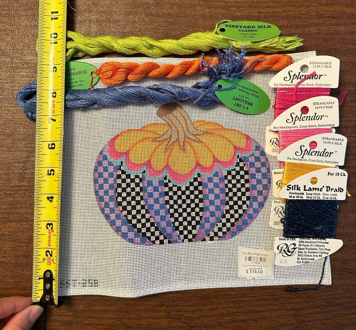 Hand painted pumpkin needlepoint canvas and silk thread