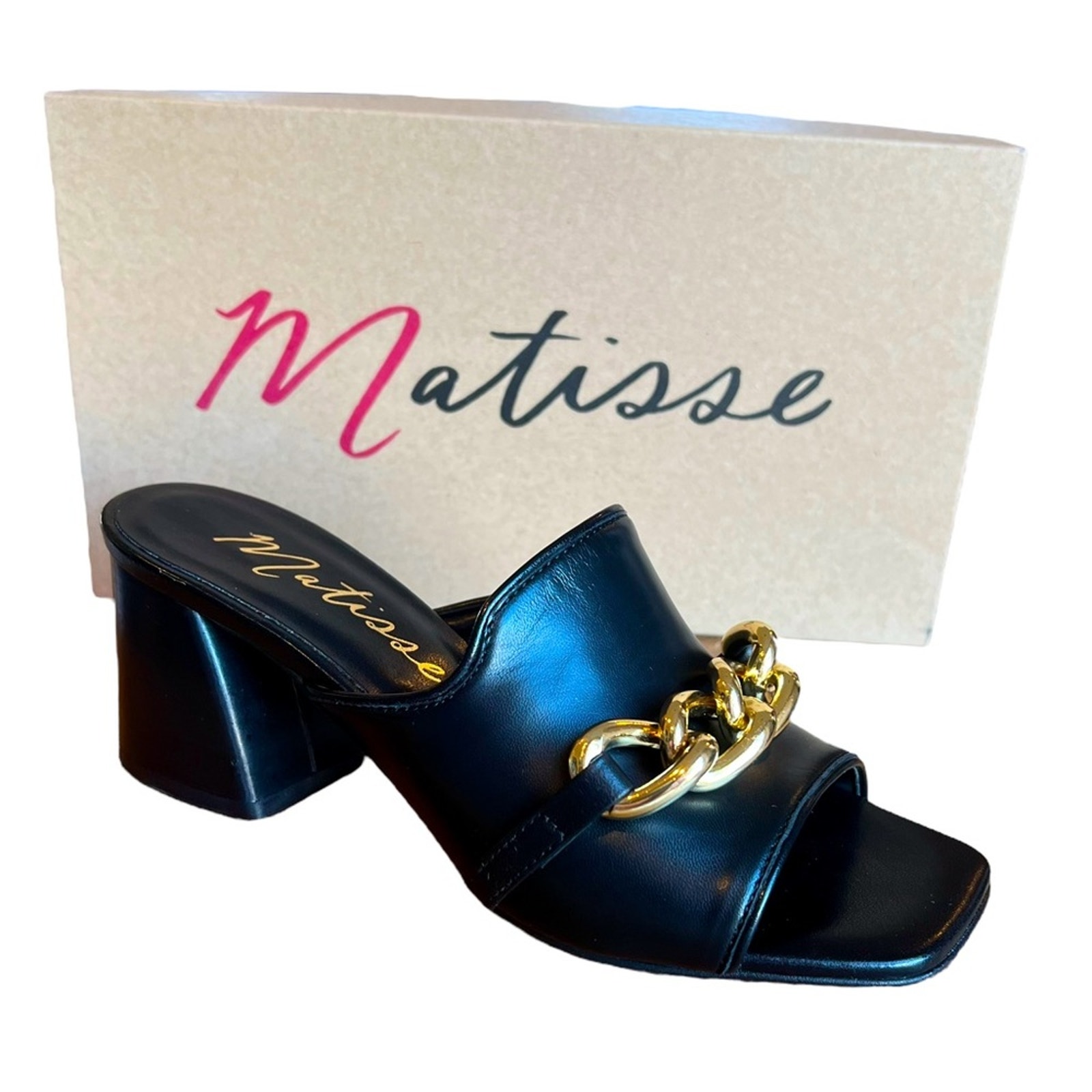 Matisse Bowie Leather Mule Sandal Blk Sz 7 Chunky Curb Chain Flaired 2.5 Heel