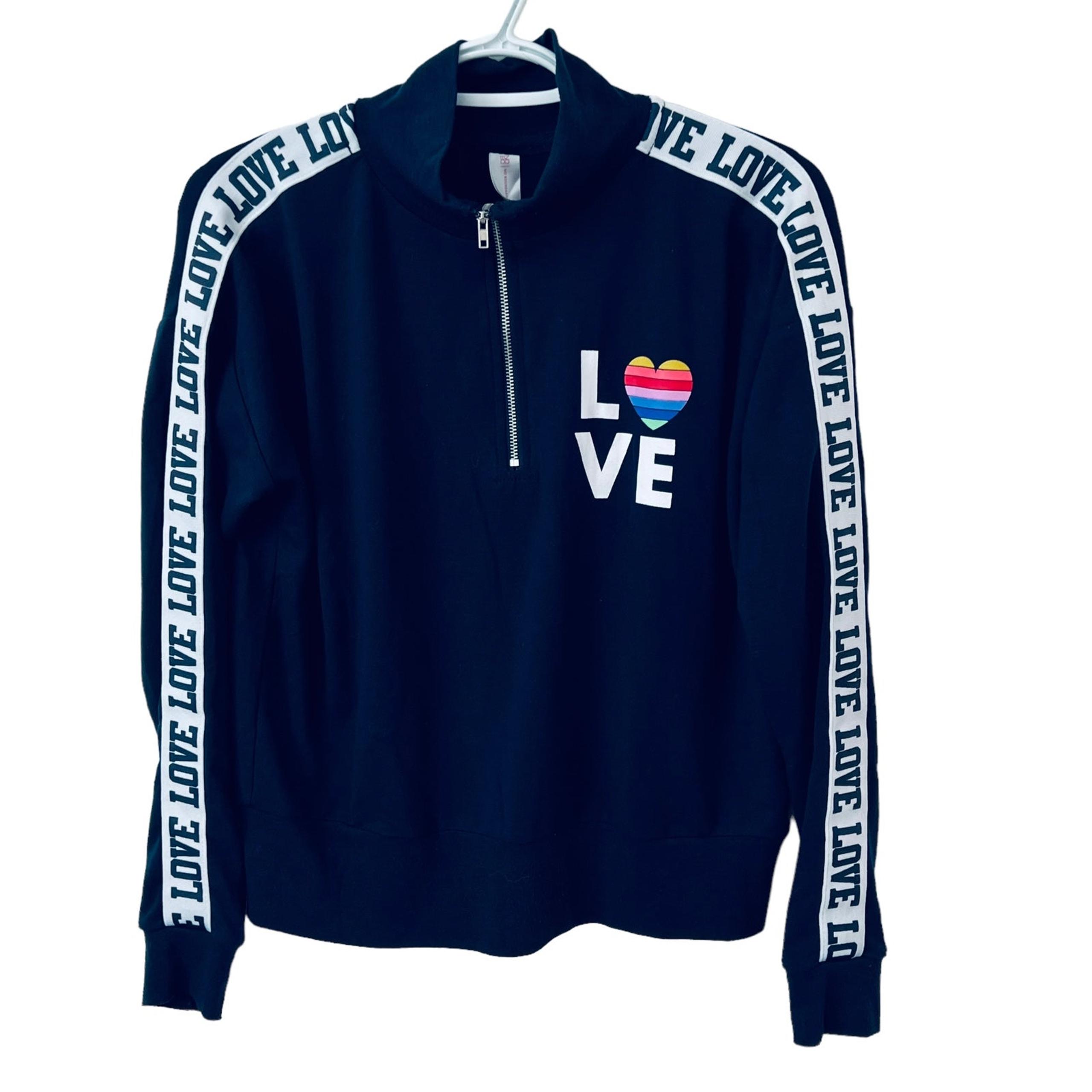 No Boundaries Womens Jr M 1/4 Zip Sweatshirt Blue White Graphic LOVE Print