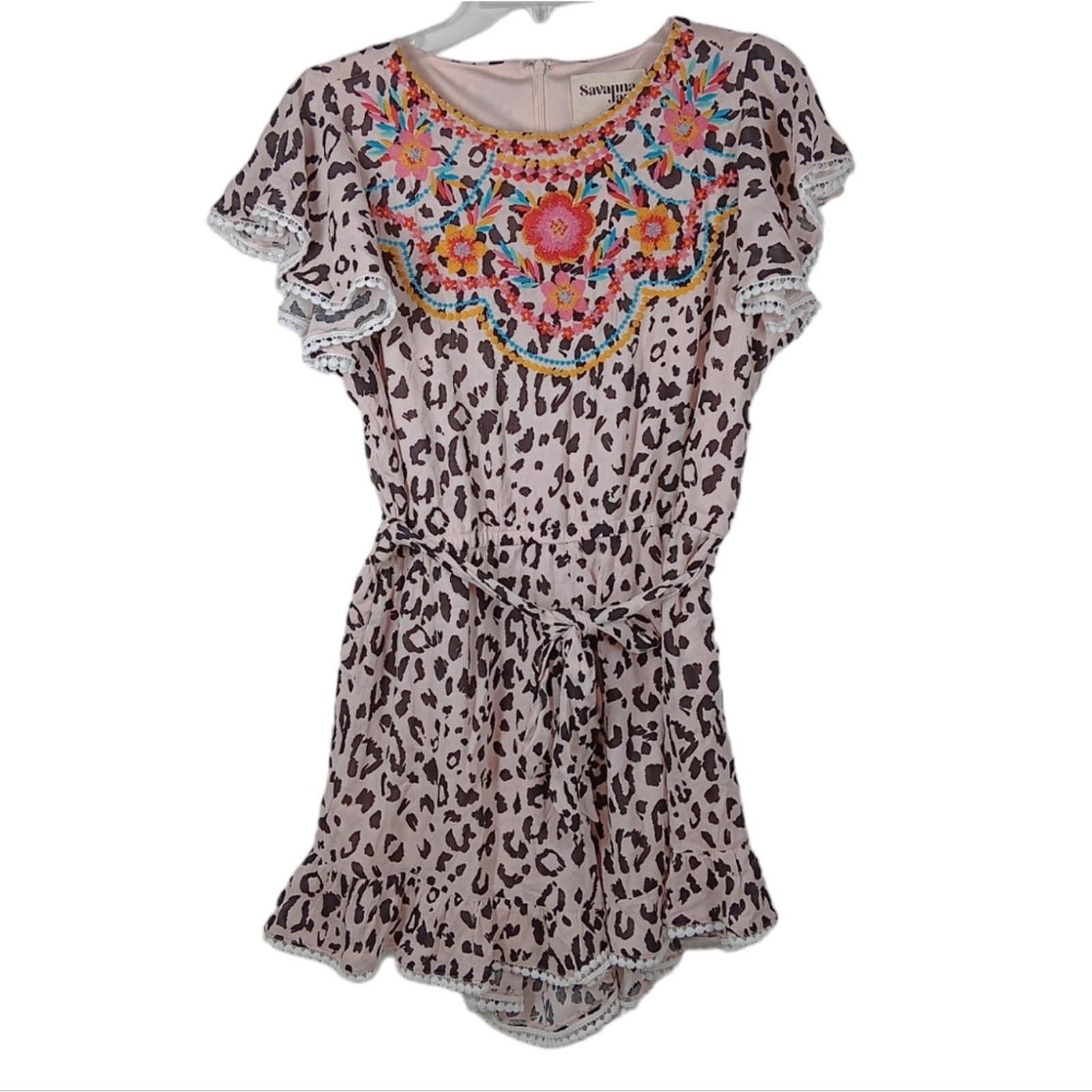 NWT Savanna Jane Floral Embroidered Leopard Print Romper size Large
