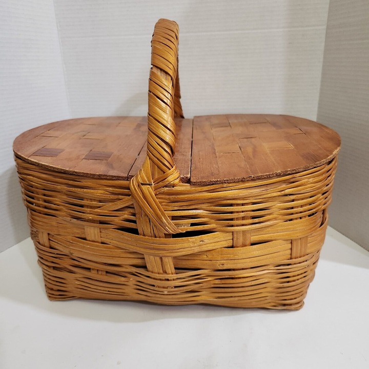 Vintage Wicker Picnic Basket Two Sided 17 x 13 x 8