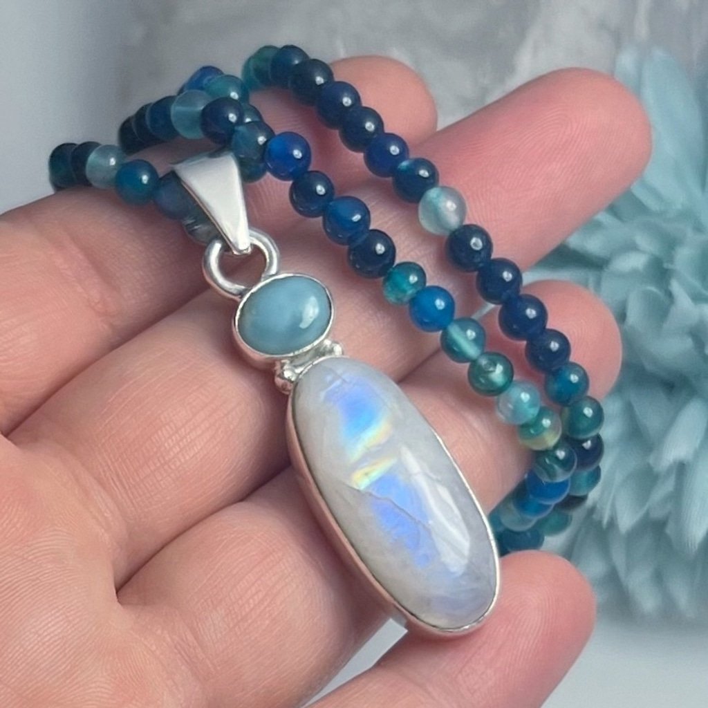 Solid Sterling Silver 925 Larimar and Rainbow Moonstone Pendant