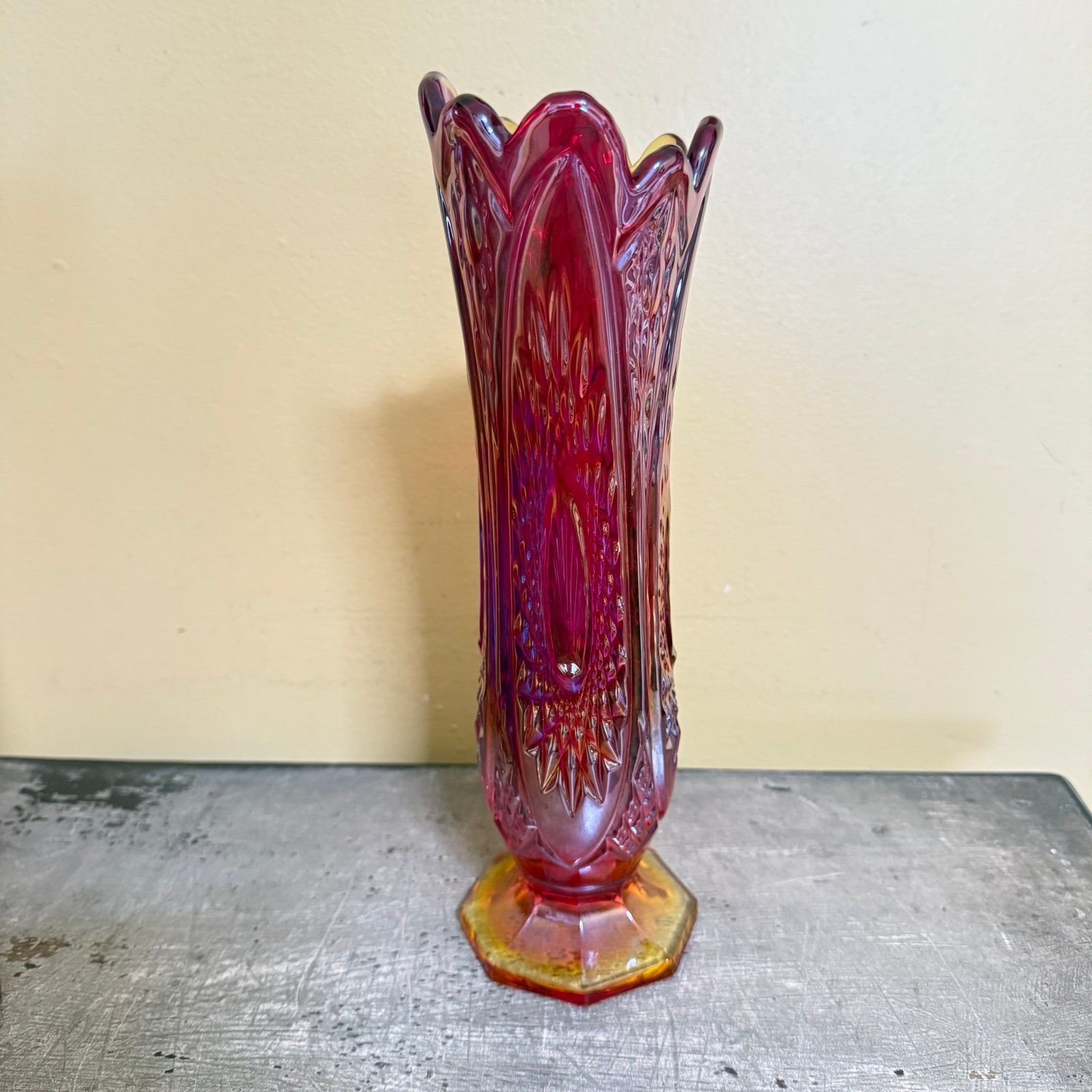 GLOWS Amberina Sunset Heirloom Indiana Carnival Glass Swung Vase HobStar Pattern