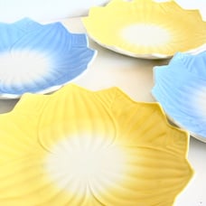 Vintage Fire King lotus plates salad side dessert milk glass yellow blue pastel