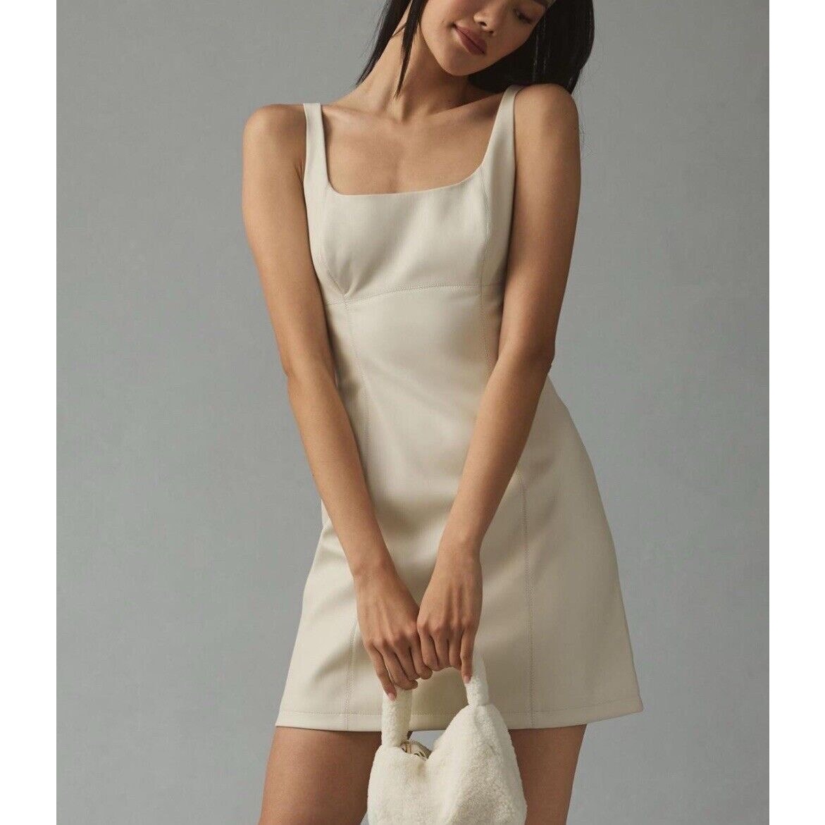 #12b NWOT- Anthropologie Maeve Faux Leather Squareneck Mini Dress Cream Sz:6