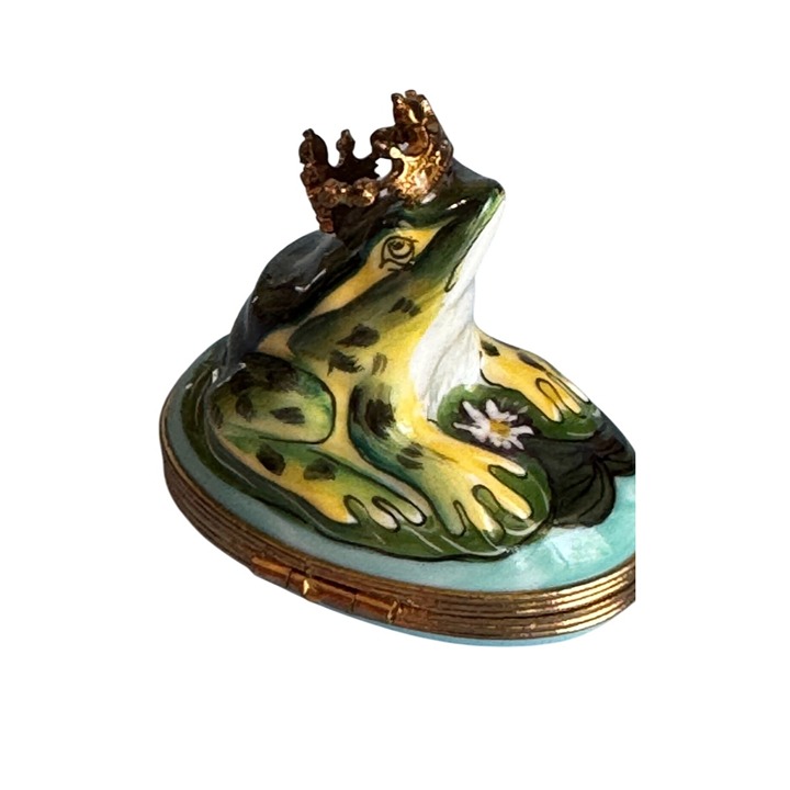 Limoges Peint Main Frog Prince Trinket Box Signed France Gold Accents