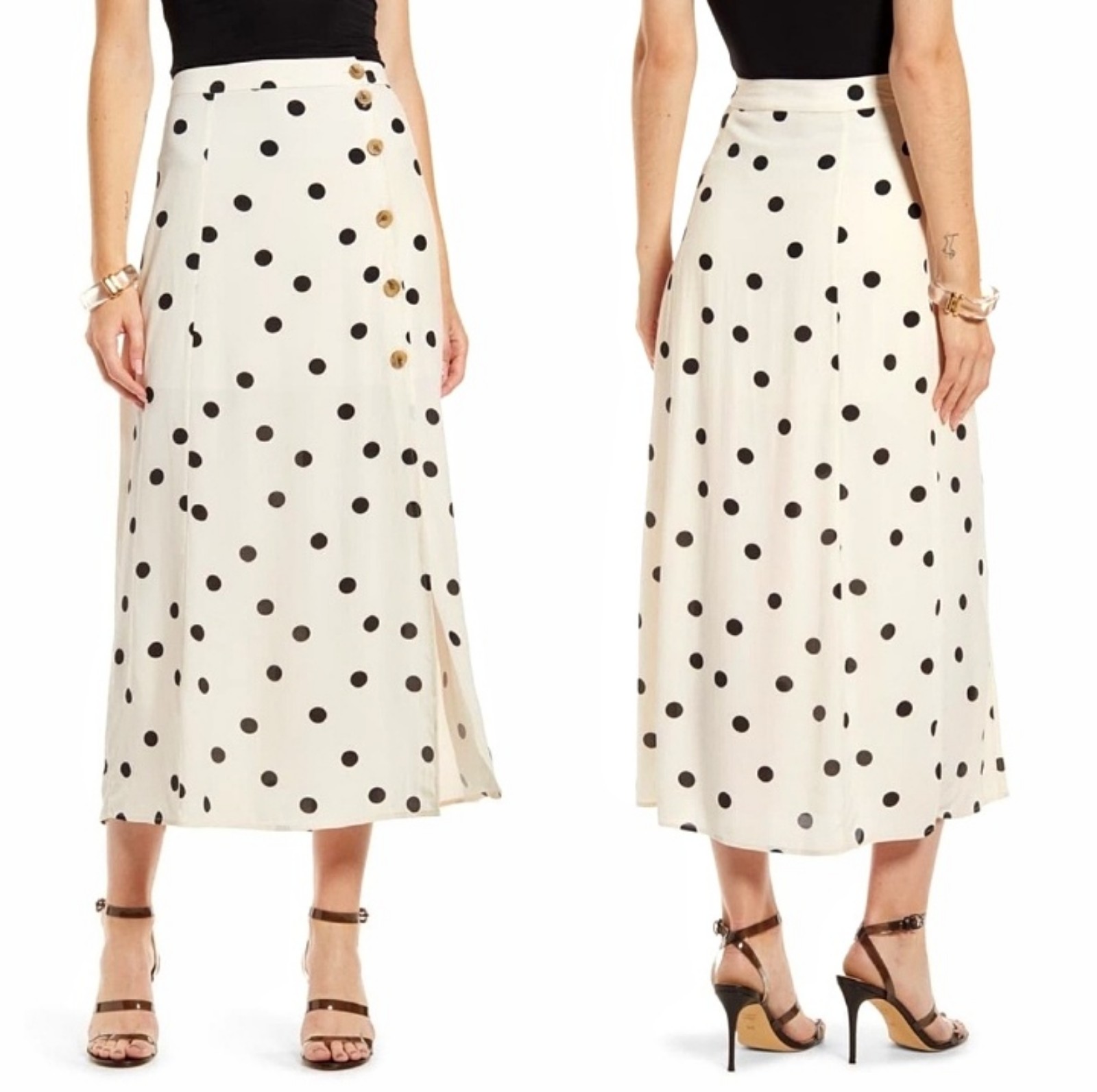 SOMETHING NAVY High Waist Polka Dot Button Down Midi Skirt Size XXS / XS