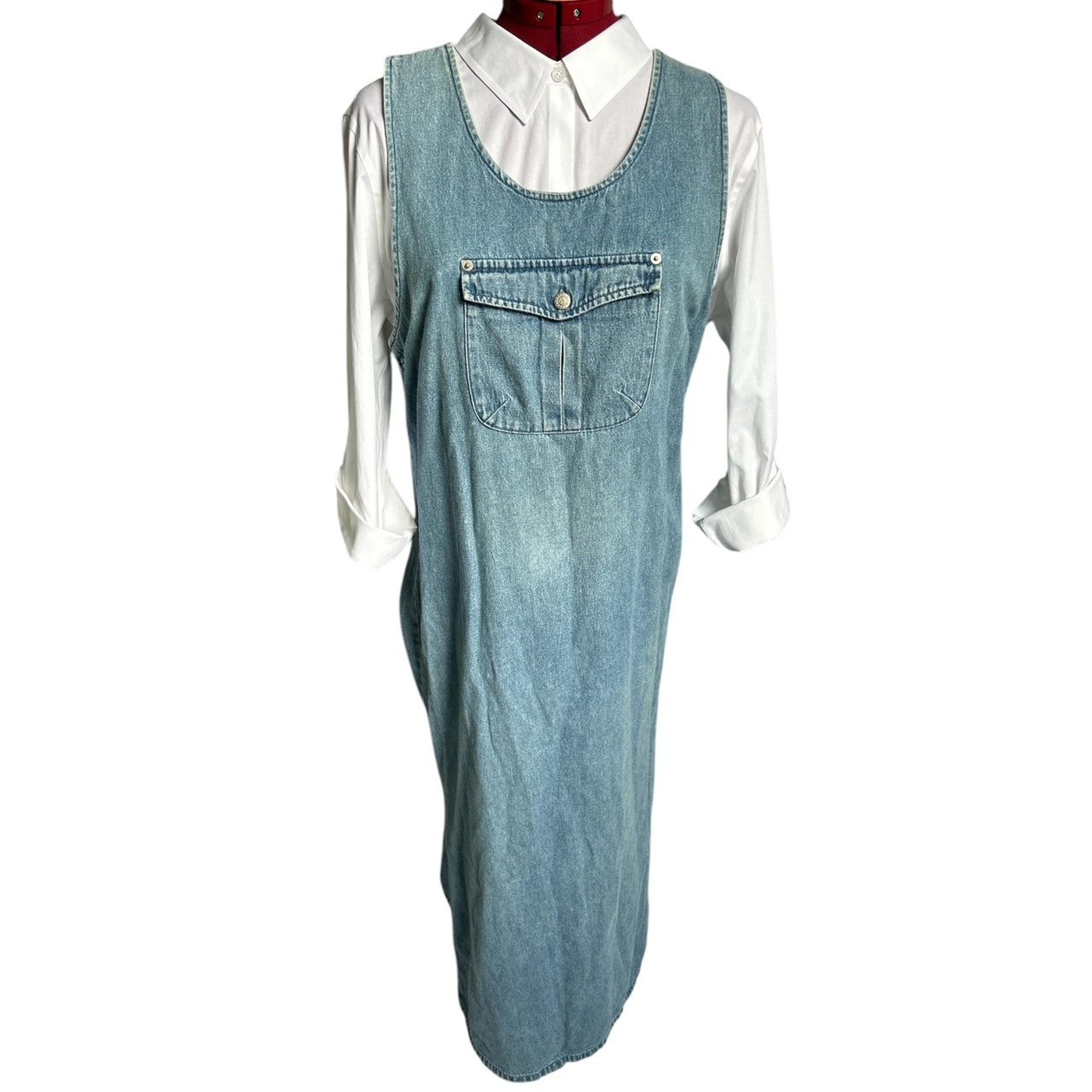 Vintage Casey & Max Medium 100% Cotton Light Distressed Wash Denim Maxi Dress