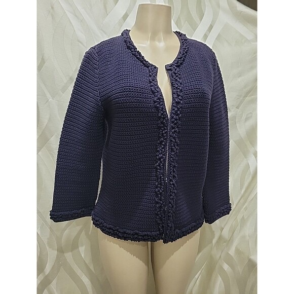 Tory Burch Heavyweight Navy Blue Crochet Knit Nubby Fringe Hook and Eye Cardigan