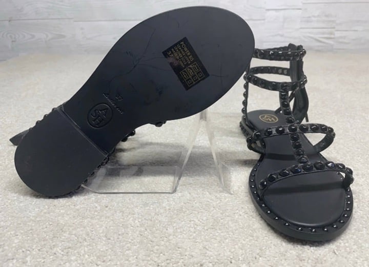 ASH Size 6.5 Black Studded Power Bis Flat Leather Sole Sandal NWT
