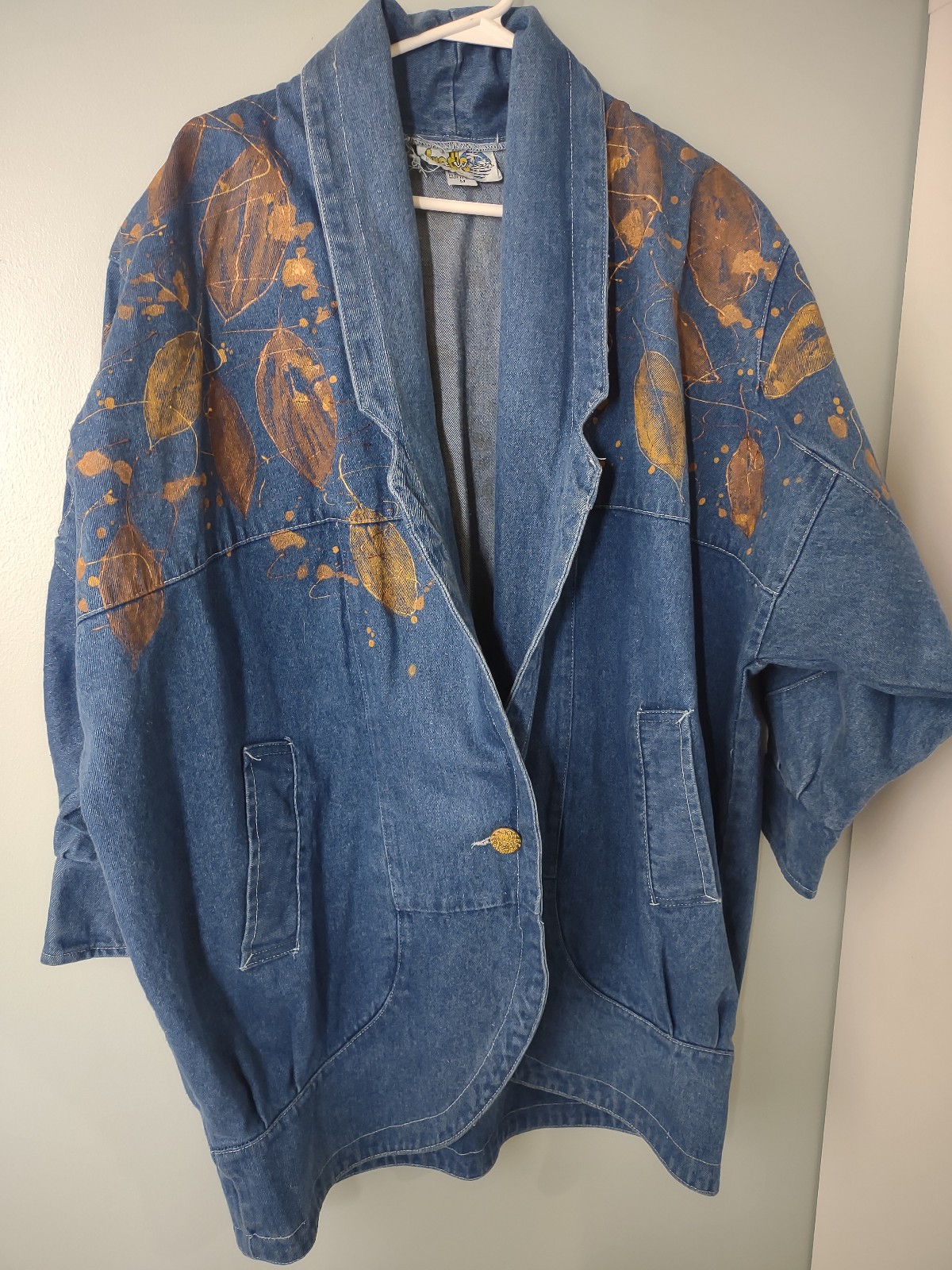 1980s oversized jean jacket unique leaf design Fred's art wear Los Angeles MED