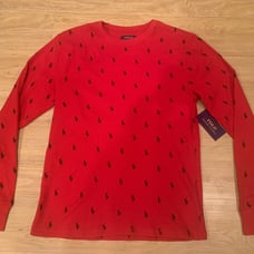 Polo Ralph Lauren Men’s All Over Pony Print Waffle Knit Long Sleeve Tee Red M