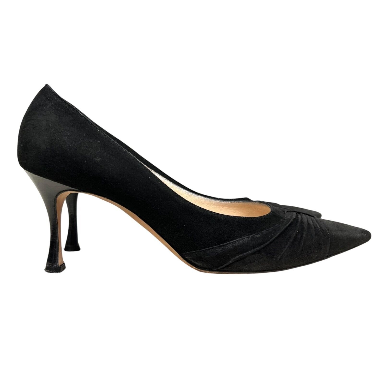 Manolo Blahnik Women Pumps Black Suede Ruched Pointed Toe EUR 41 Made in Italy