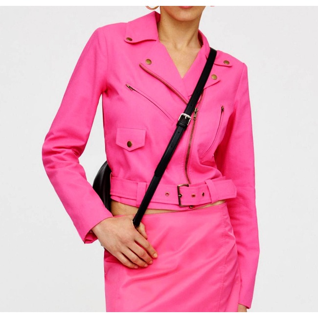 Anthro Dolan Cropped Linen Slim Moto Jacket Rose Neon Hot Pink Edgy Motorcycle S