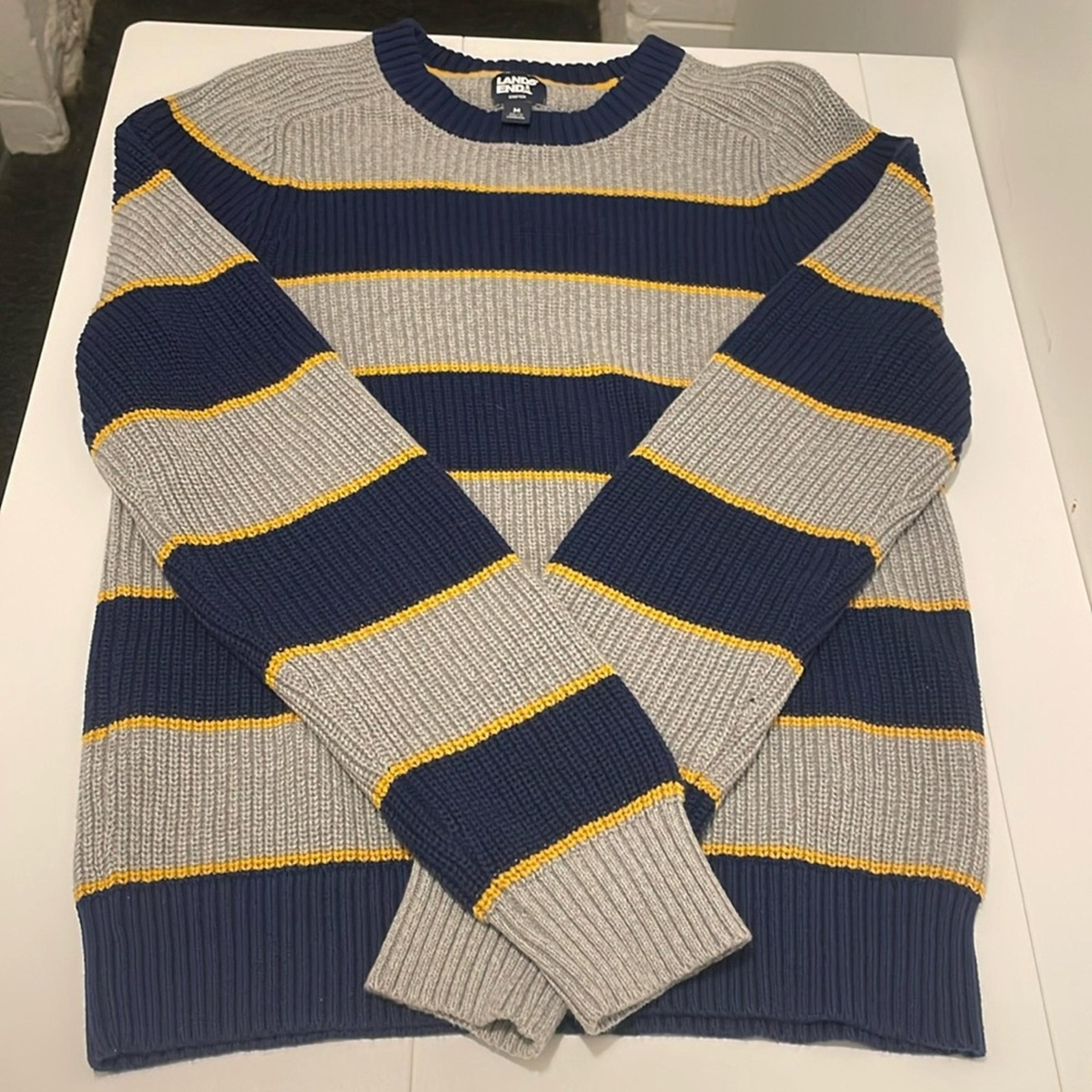 Lands End Men's M (38-40) Navy/Grey/Yellow Stripes Drifter Crewneck Sweater