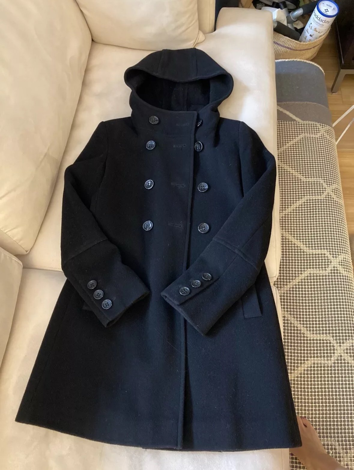 DKNY Black Wool Cashmere Double Breasted Coat with Hood