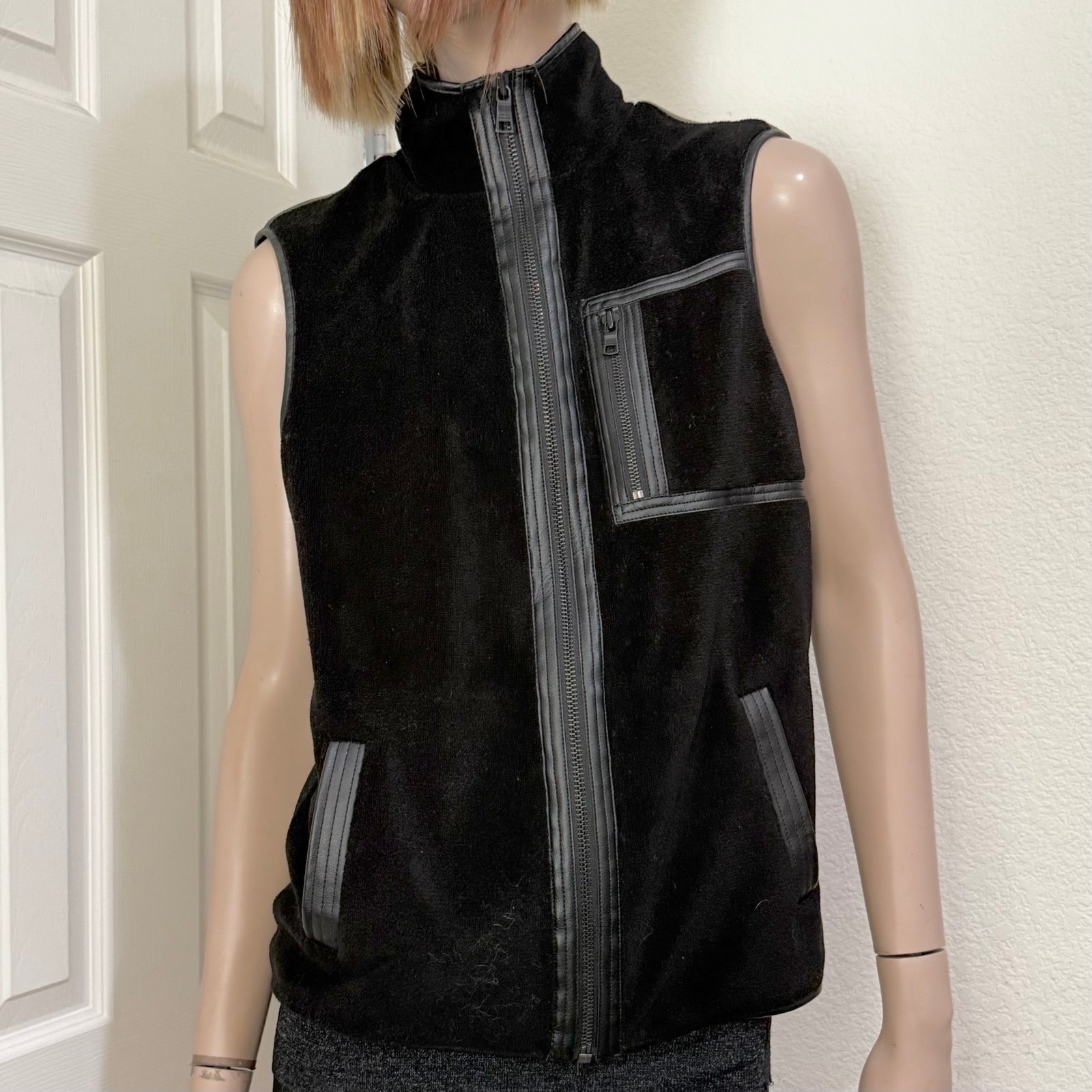 AX Armani Exchange Black Velour Leather Trim Full Zip Vest Unisex Size S/P