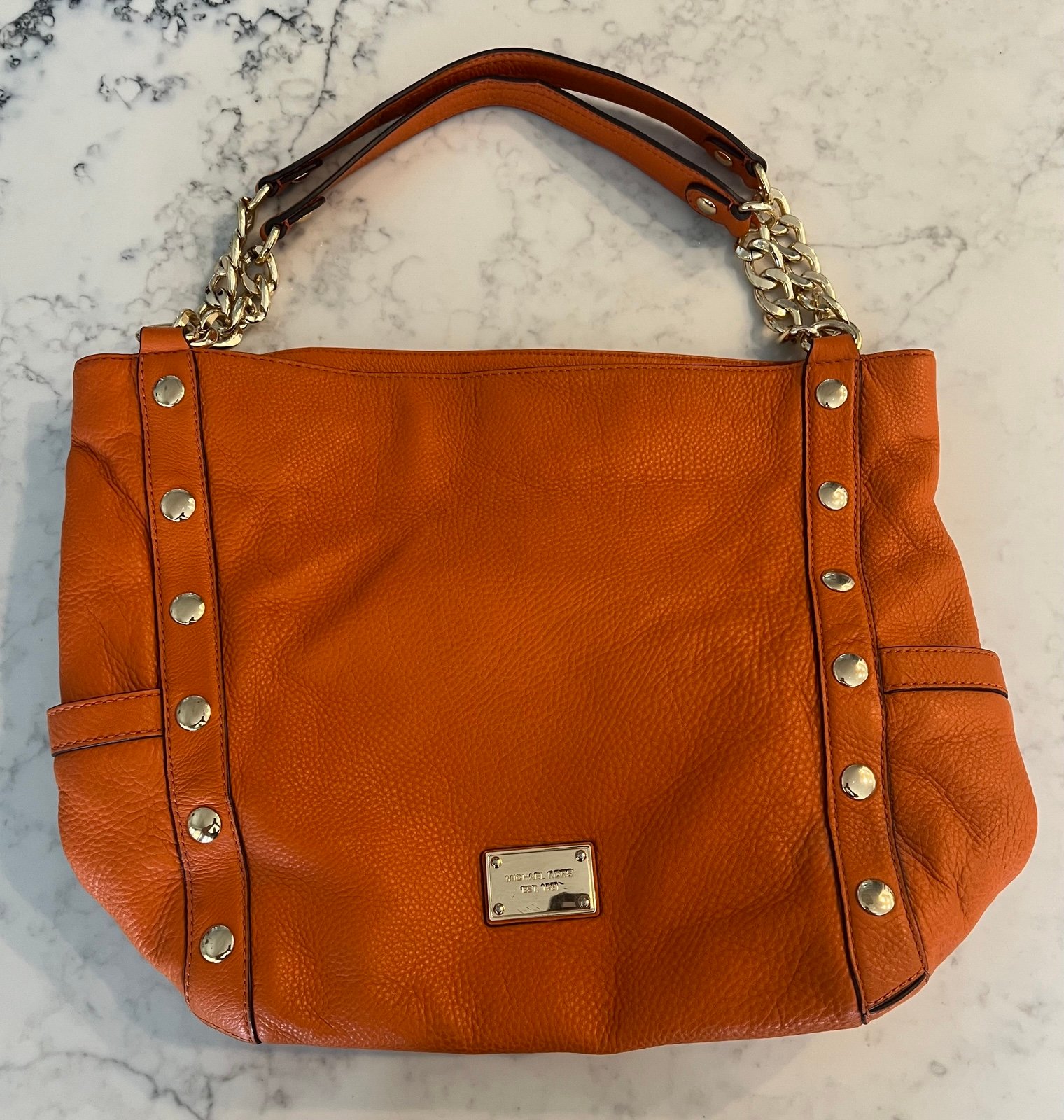 Michael Kors Orange Gold Studded Shoulder Hobo Leather Bag Purse