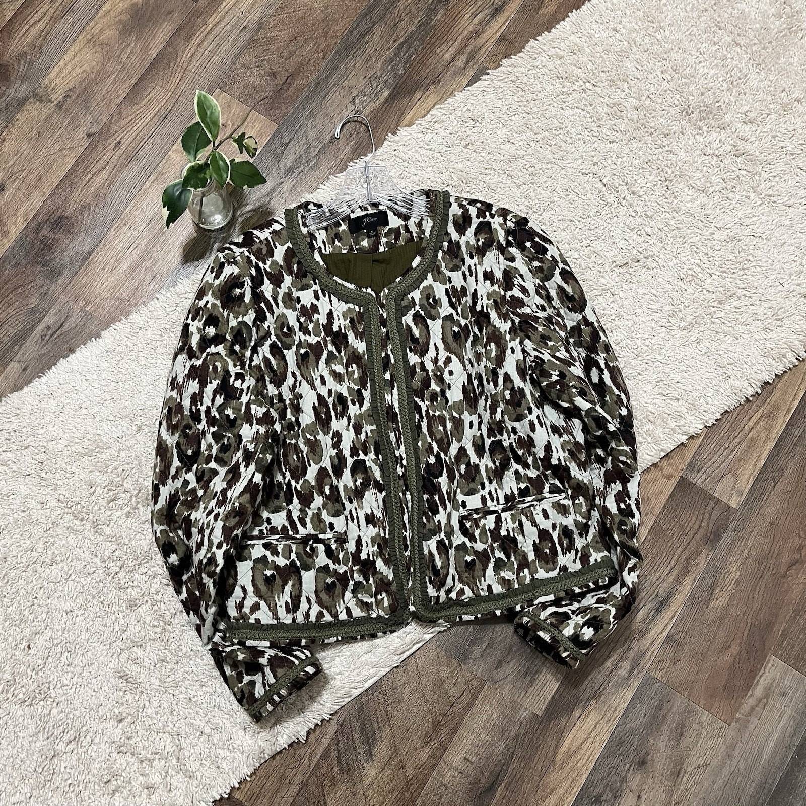 J.crew Size Large Olive Green Quilted Leopard Print Ruffled Cropped Jacket