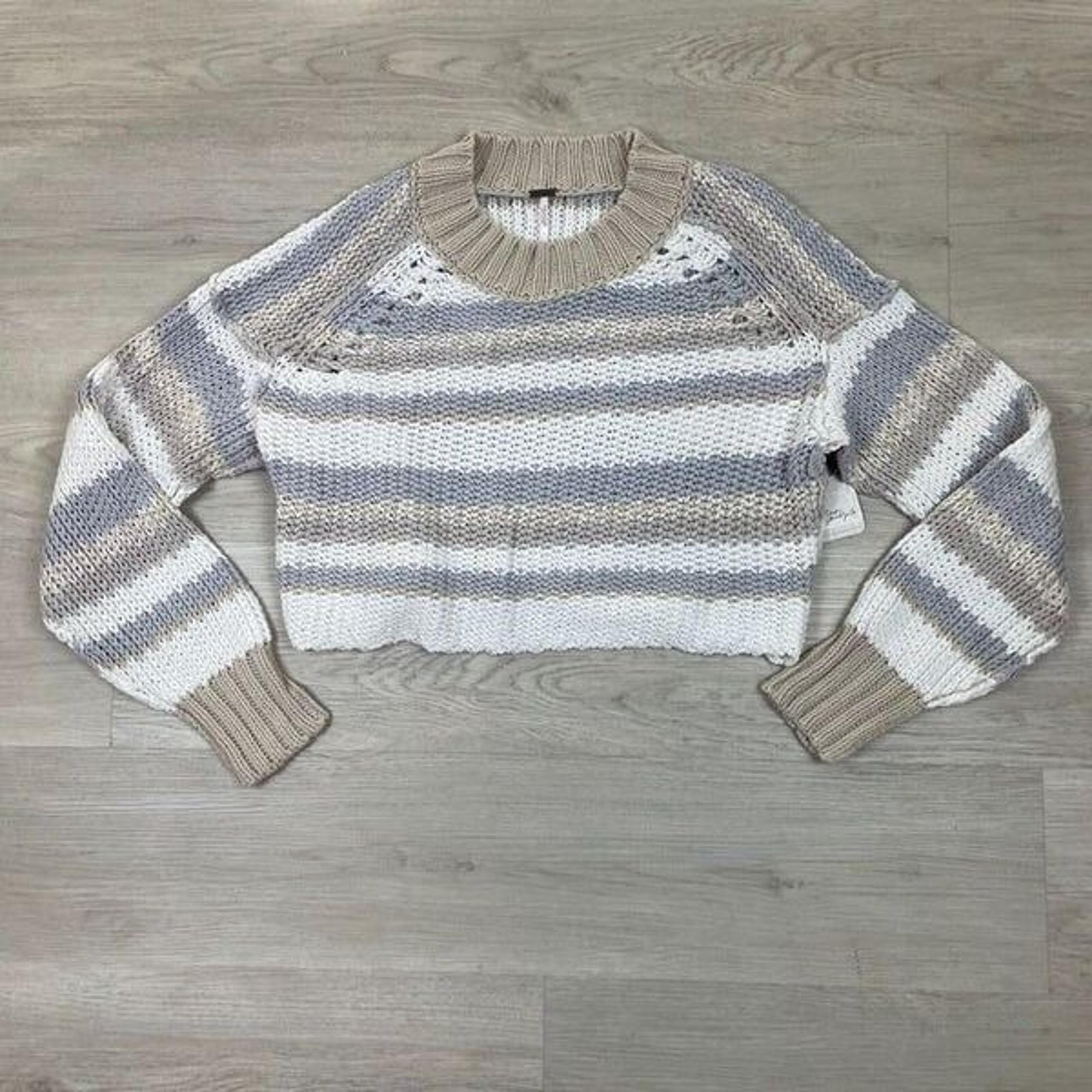 Free People Devon Cropped Sweater Womens Small Striped Grey White Mock Neck