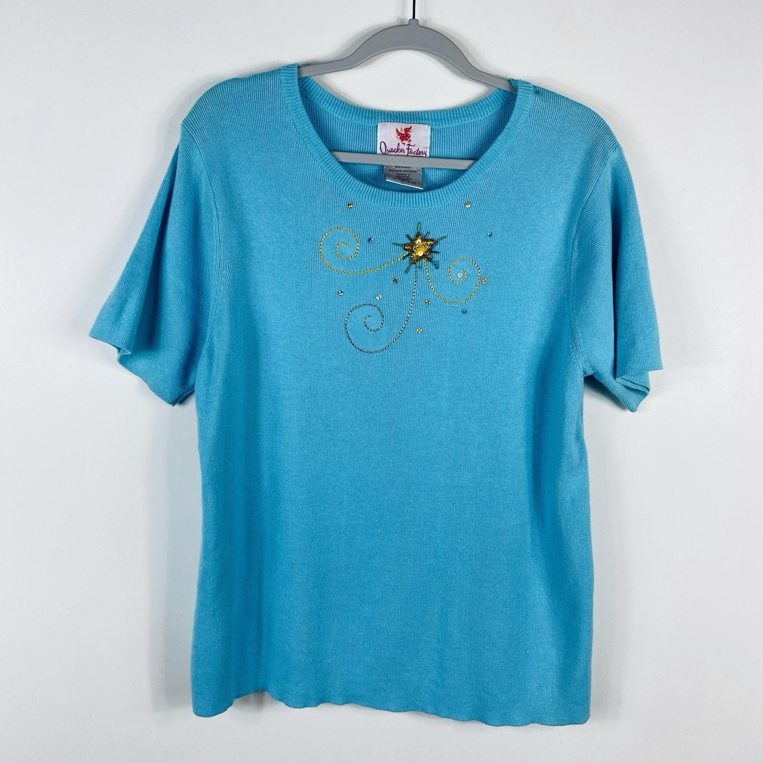 Quacker Factory Size Medium Embellished Star Short Sleeve Sweater Blue