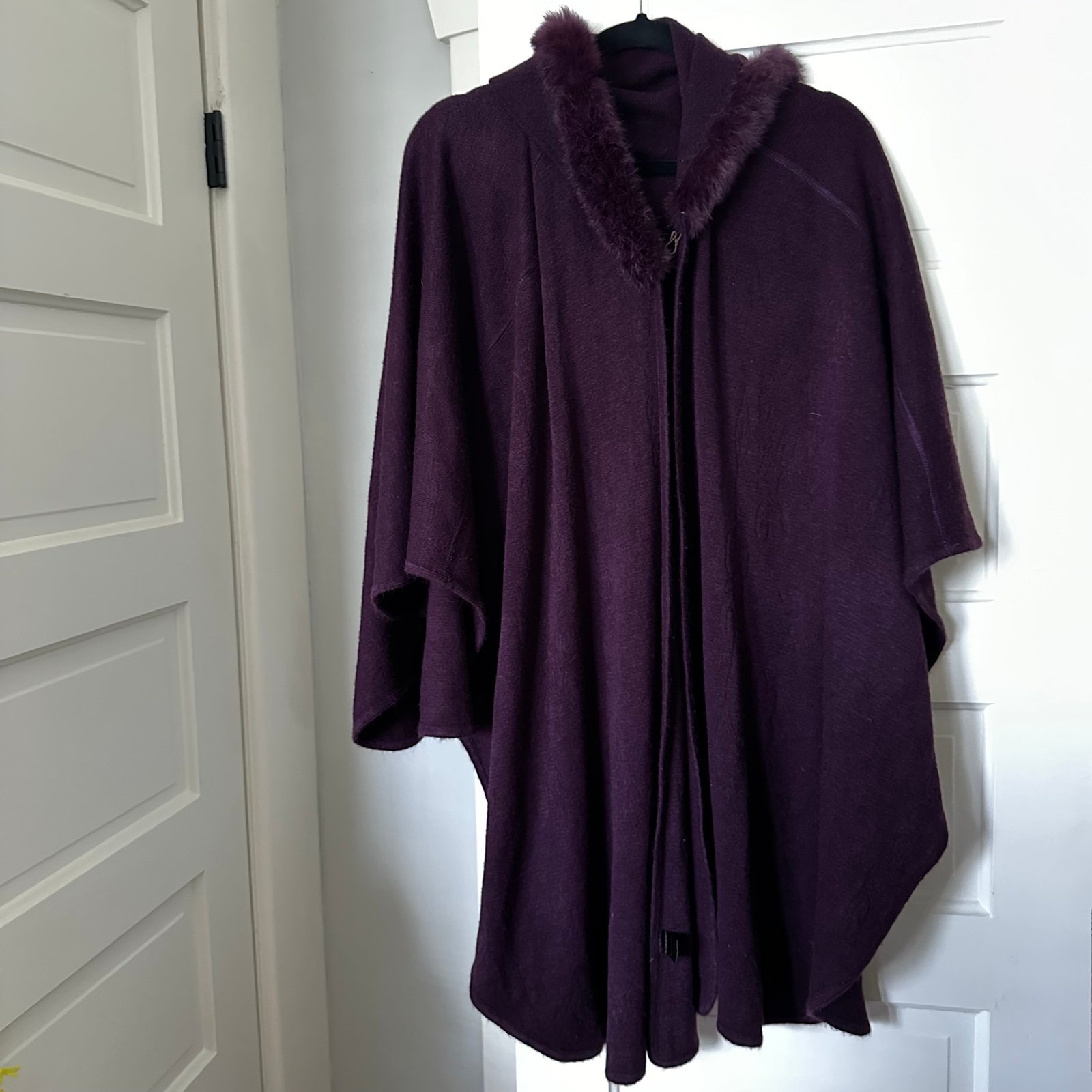 Purple Wool Blend Poncho with Faux Fur Trim and Hood