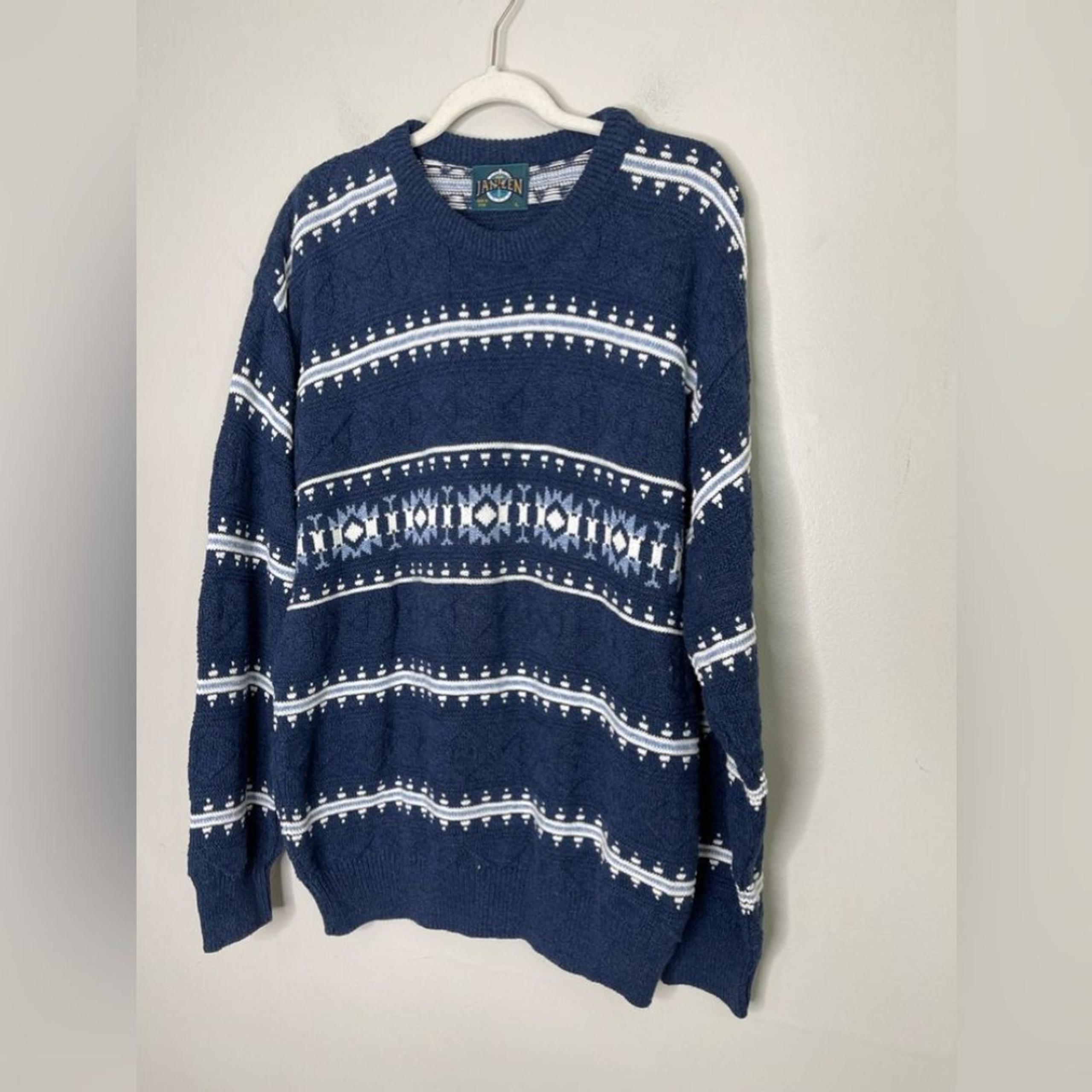 Vintage Nordic Crew Neck Cotton Sweater Mens Sz L Fair Isle cable - Jantzen