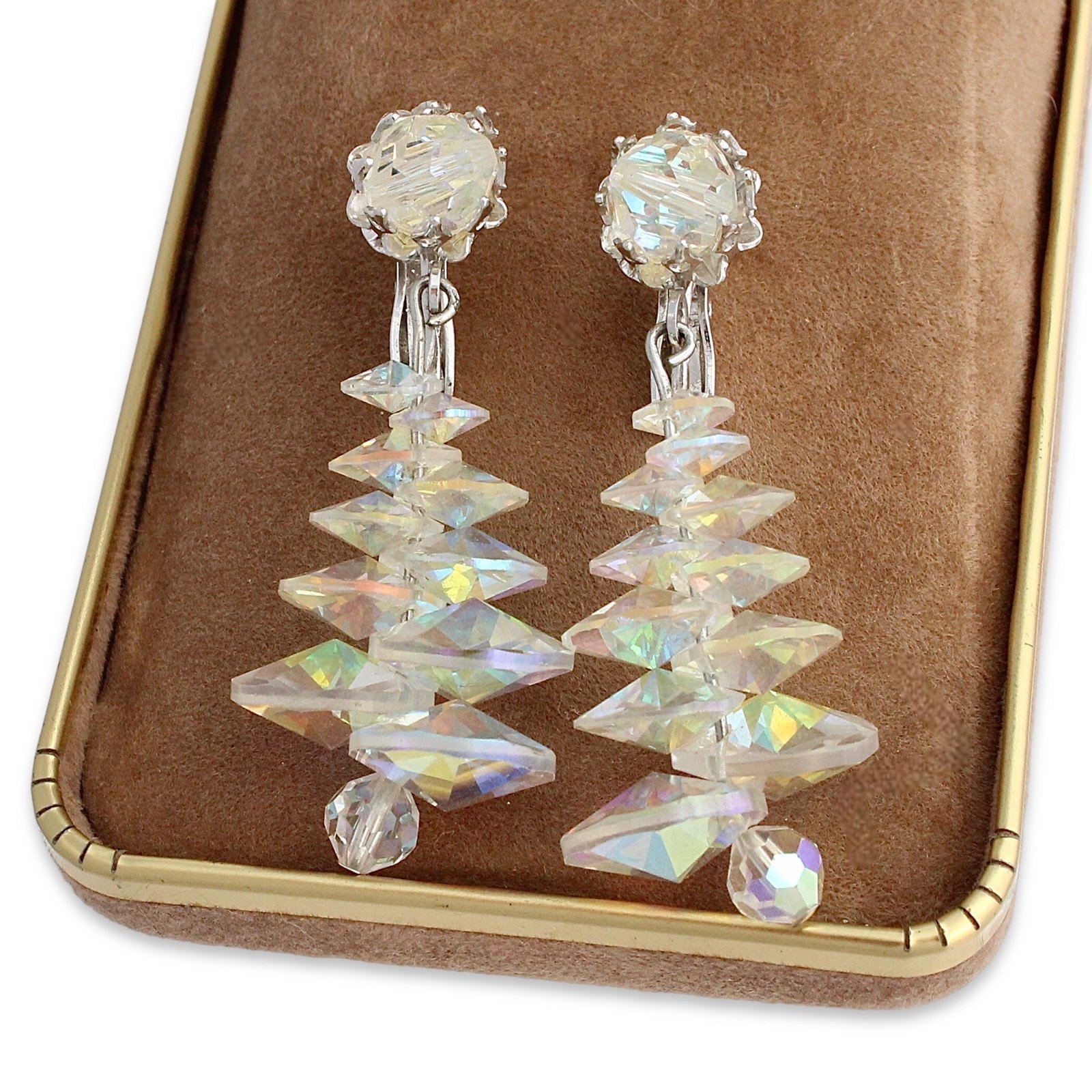 Vintage Vendome Aurora Borealis Crystal Clip On Earrings Iridescent Bead Dangle