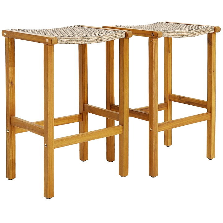 Patio 2PCS PE Wicker Bar Stools W/Acacia Wood Frame Bar Height Chairs Poolside